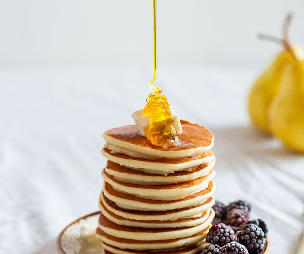 A stack of pancakes with syrup