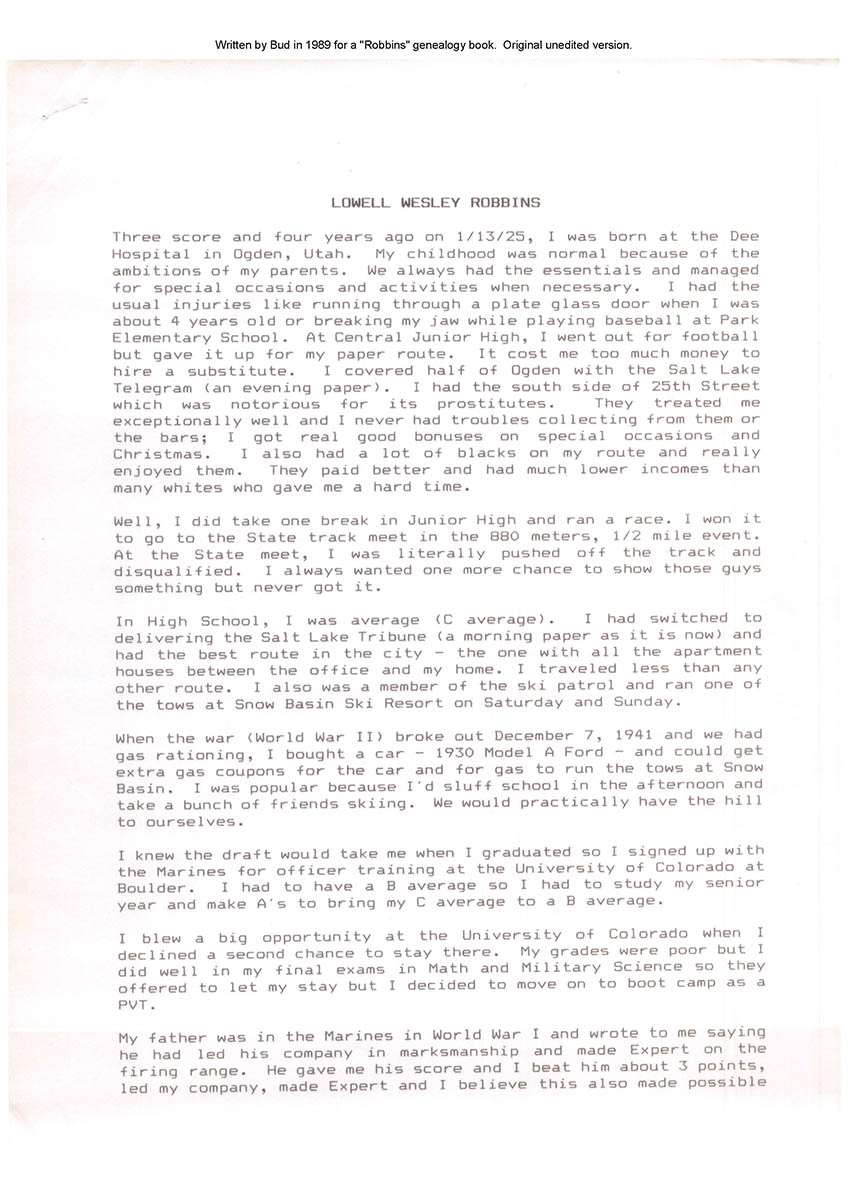 Autobiography written for Robbins Family History Book