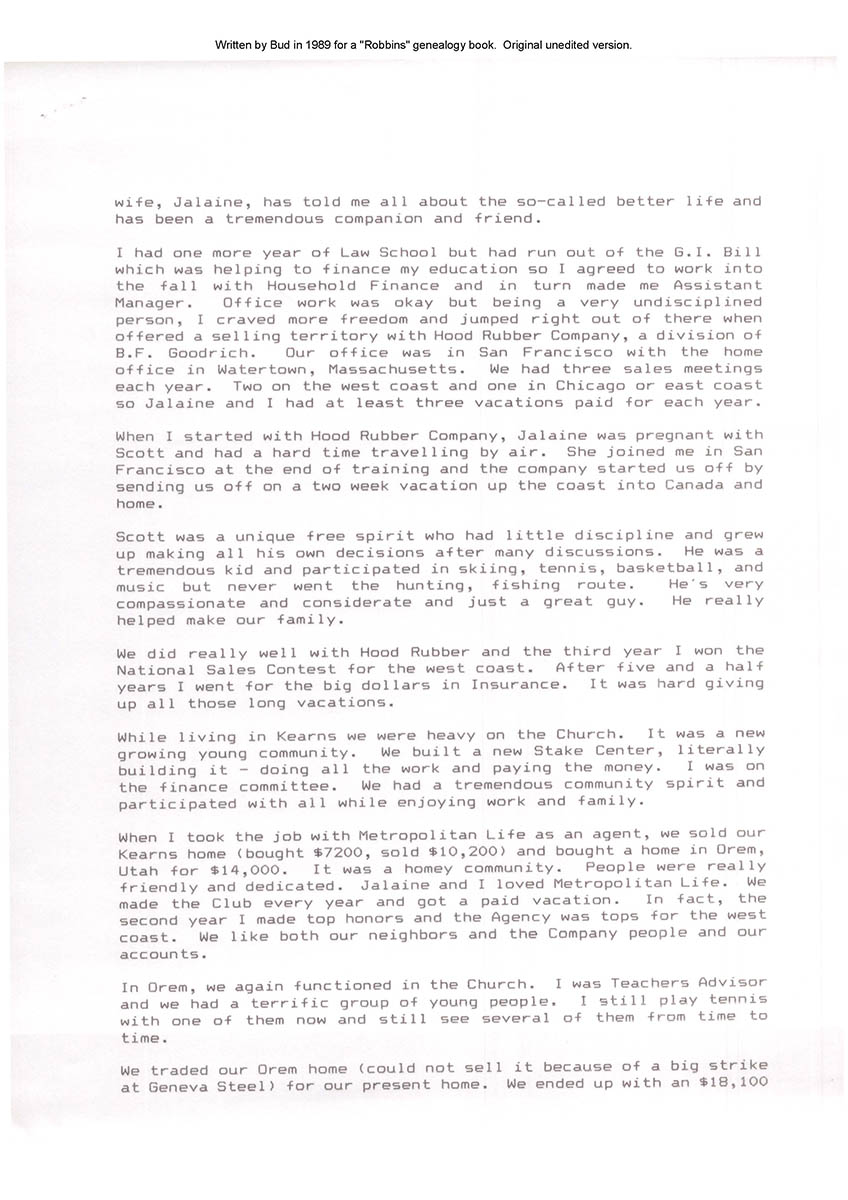 Autobiography written for Robbins Family History Book