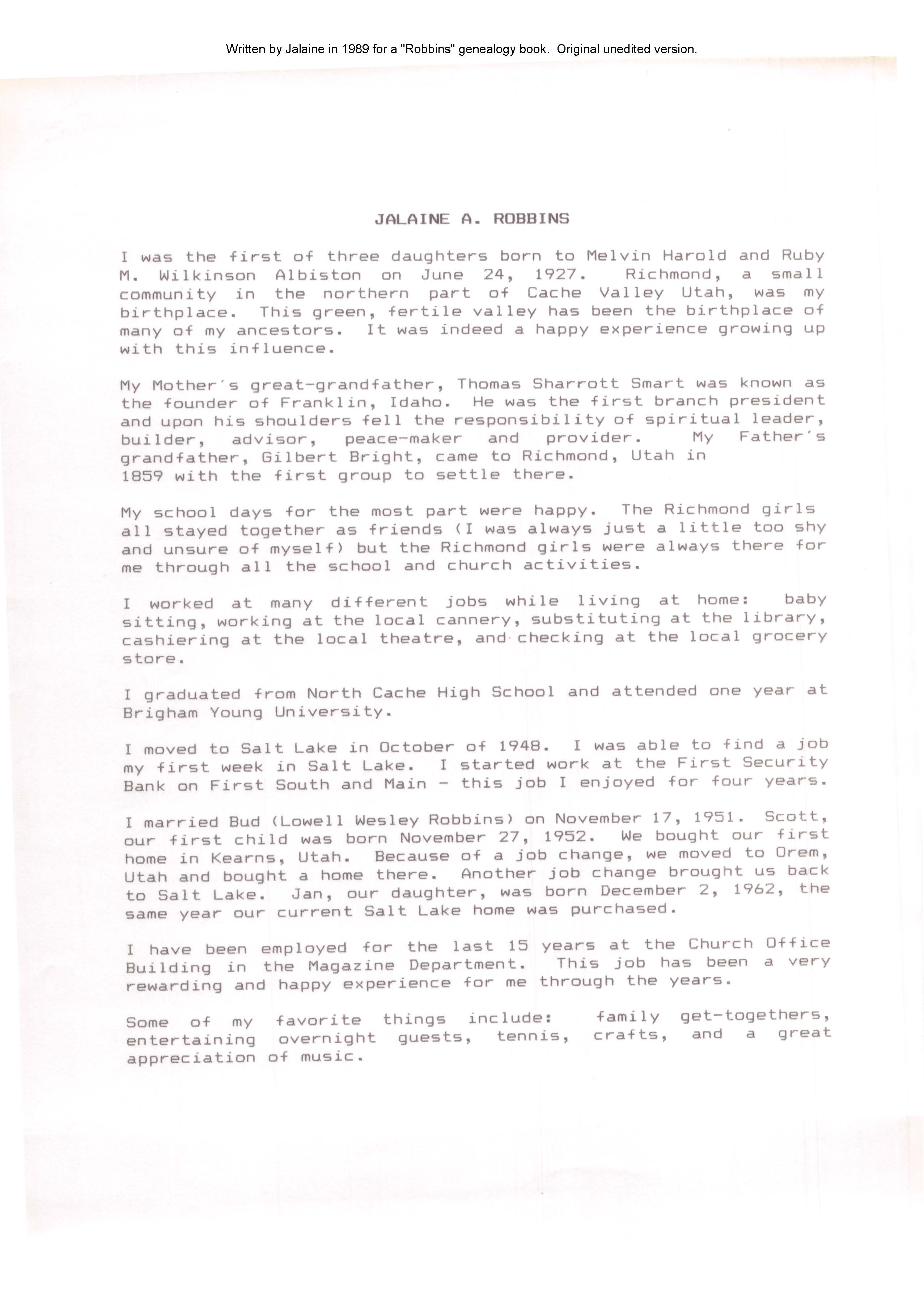 Autobiography written for Robbins Family History Book