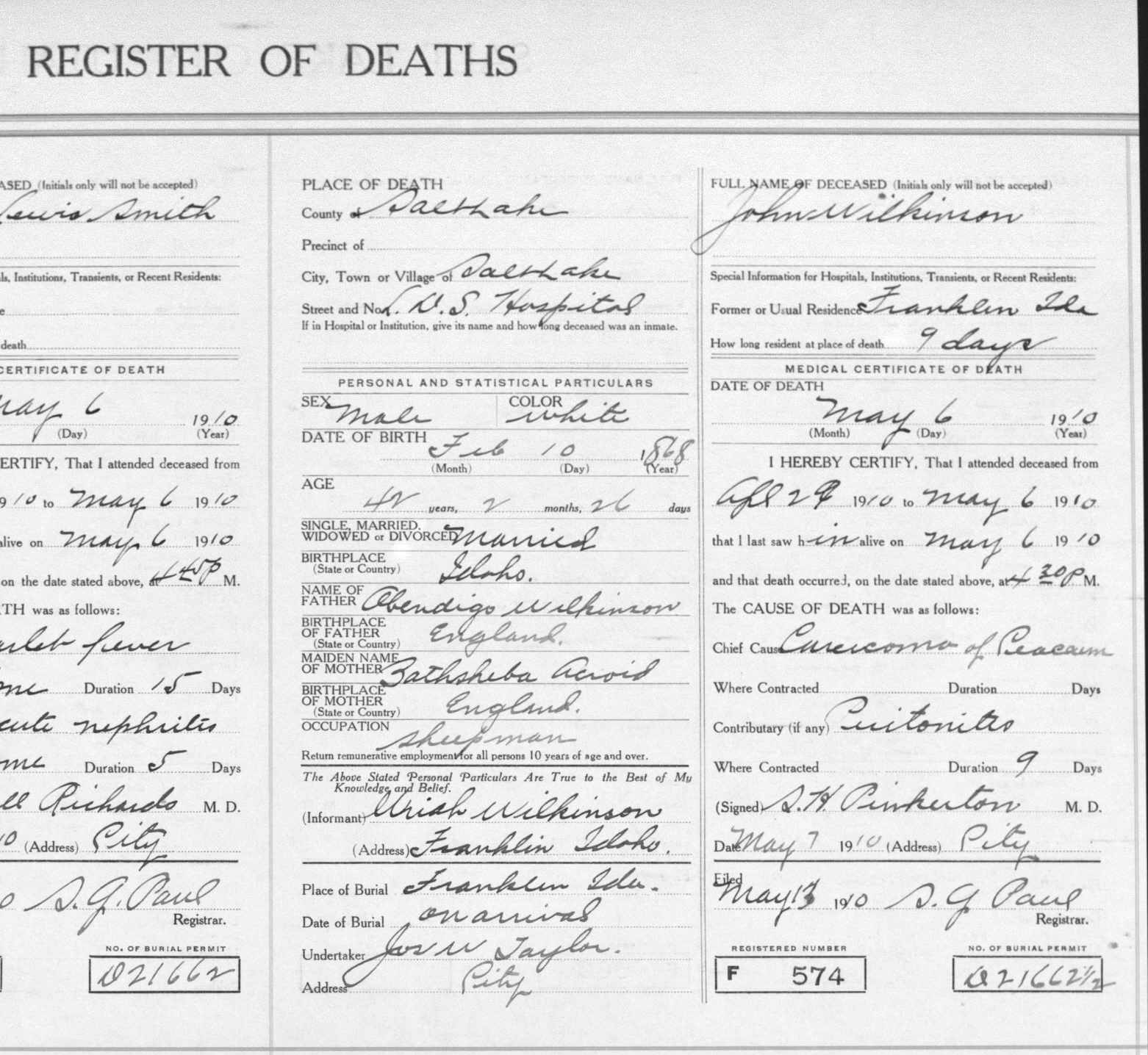 John Wilkinson death certificate, 1910