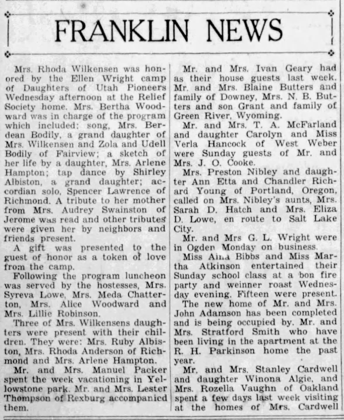 1939 Franklin News — Rhoda honored by the DUP