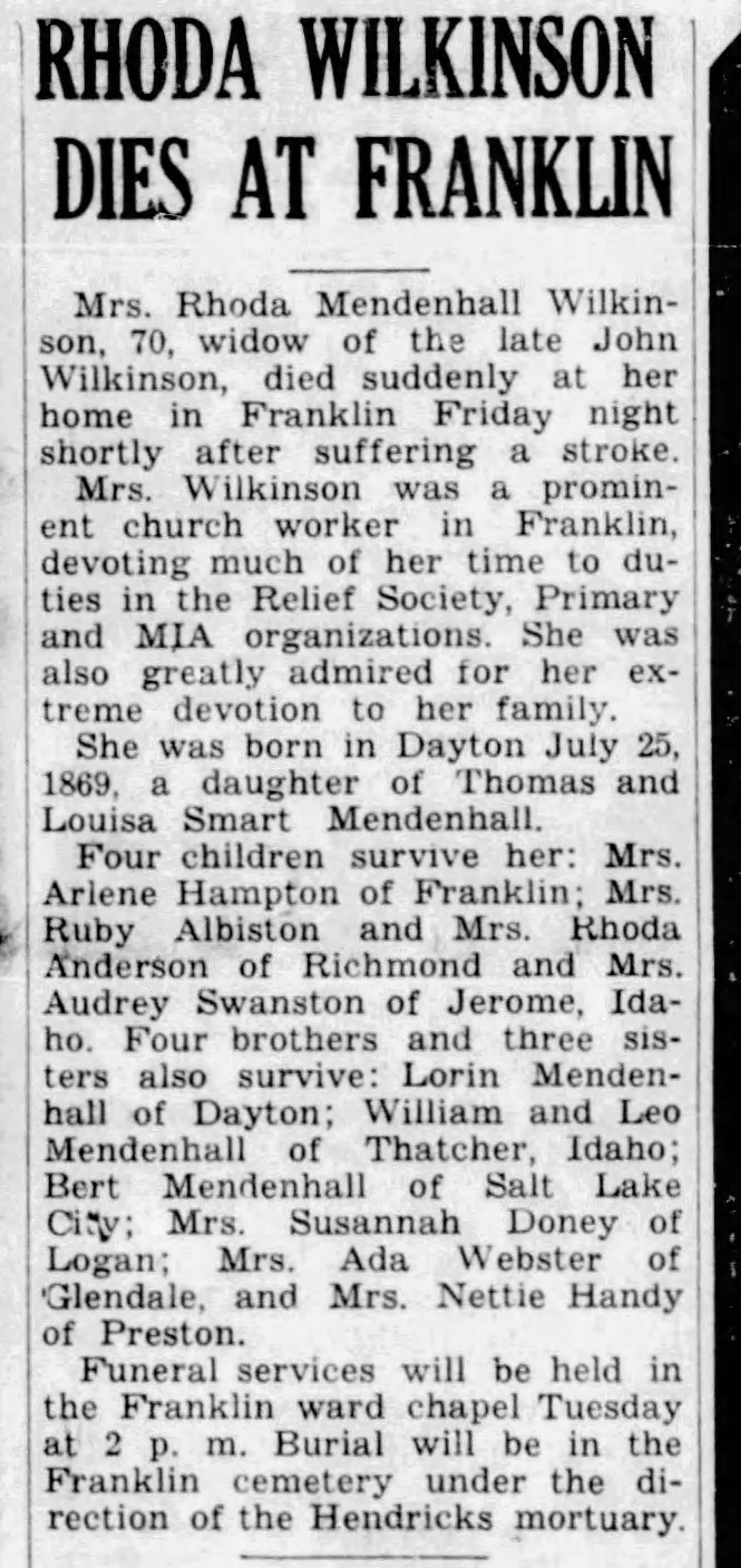 1939 obituary for Rhoda Wilkinson