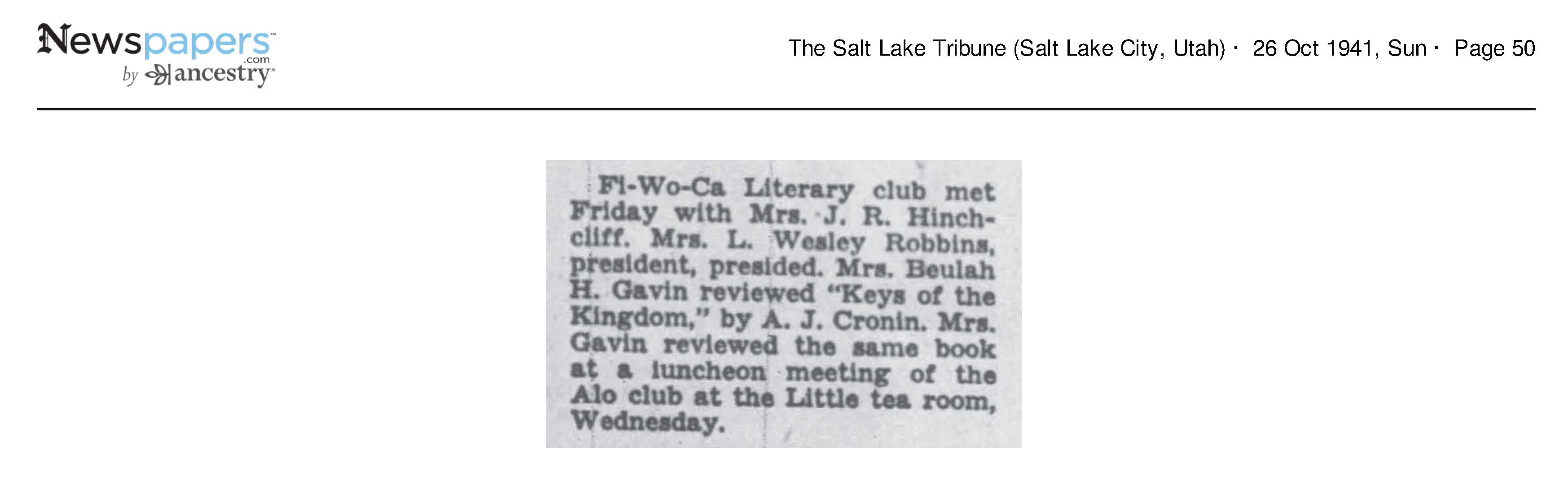 1941 Newspaper Clipping