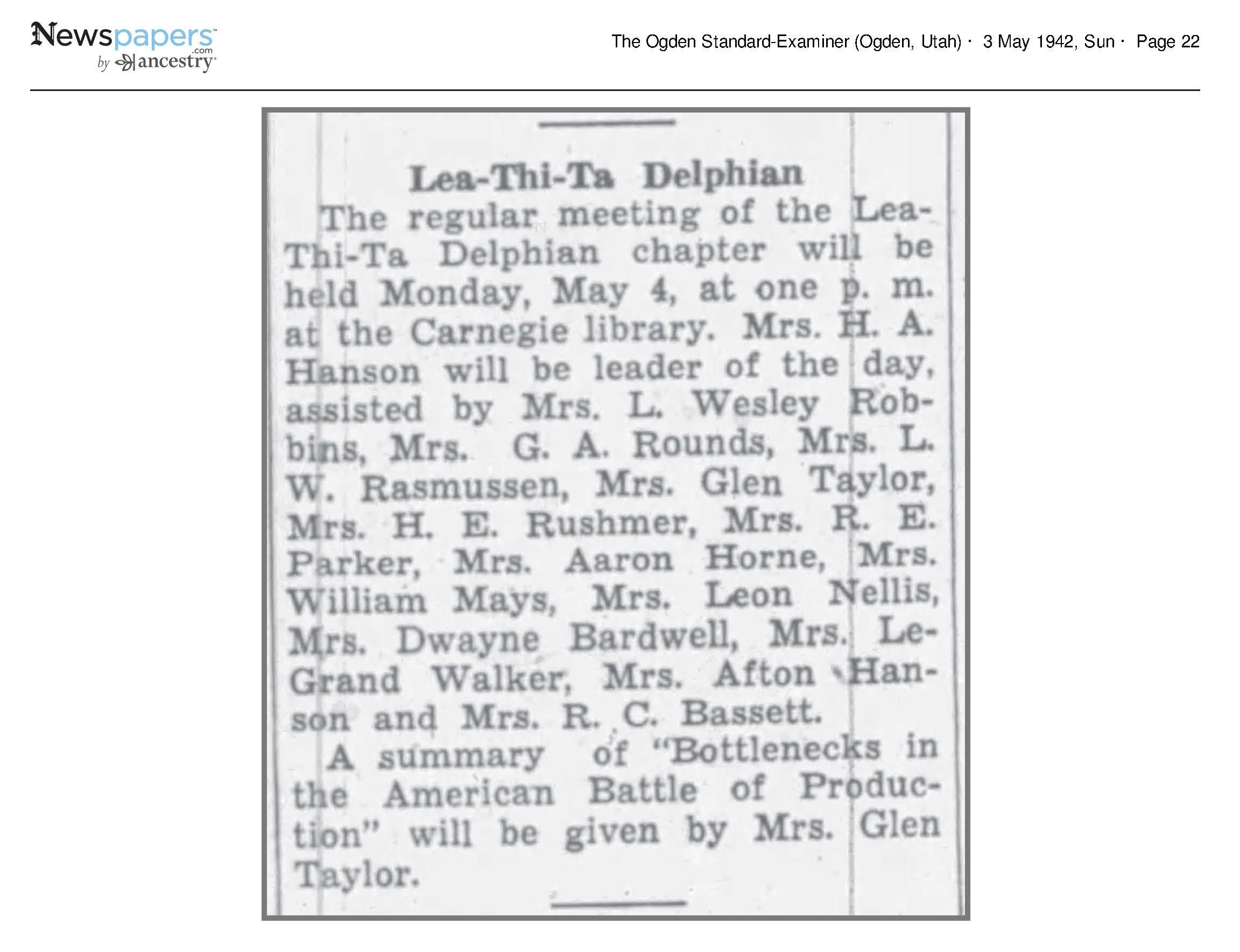 1942 Newspaper Clipping