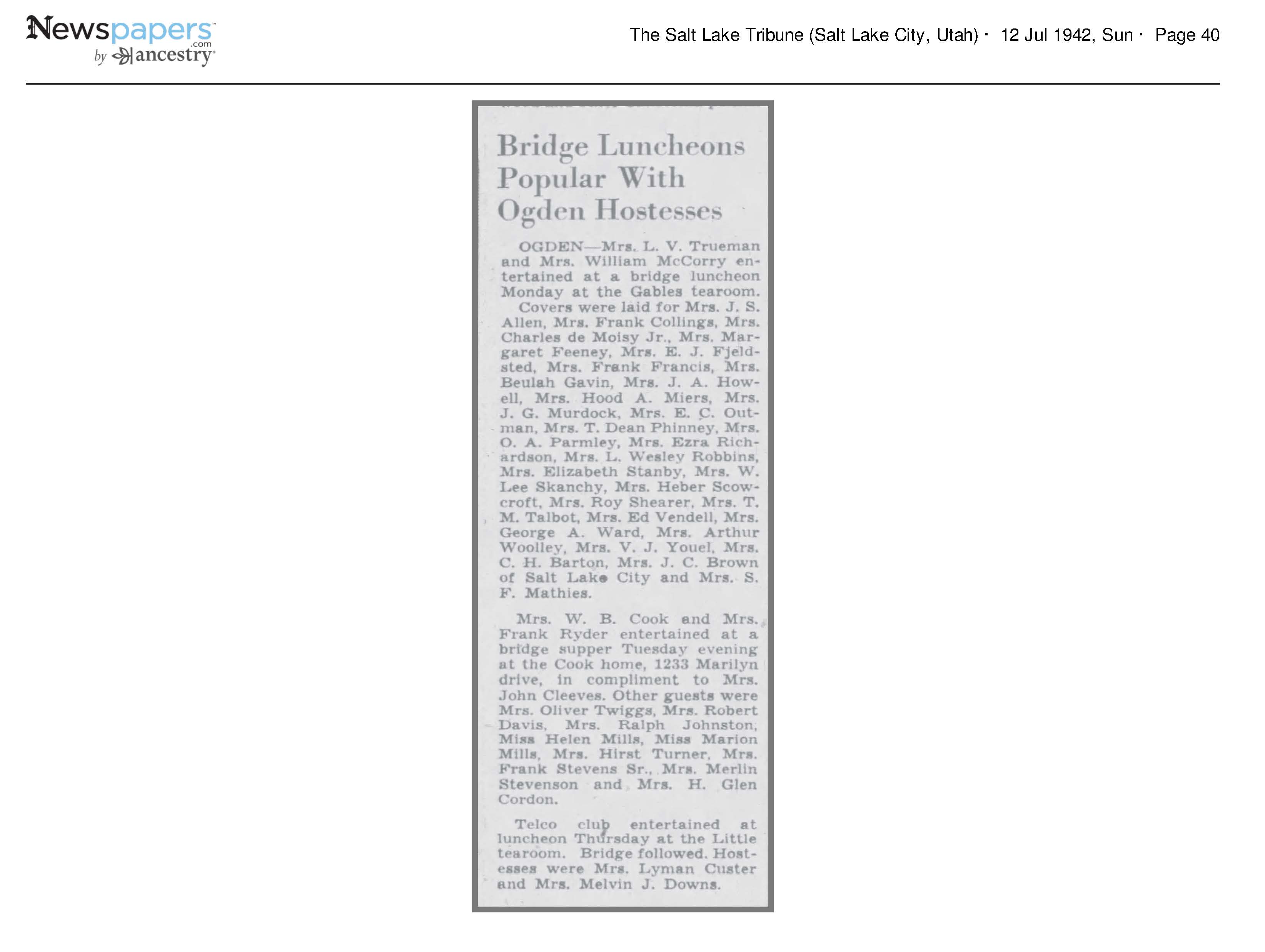 1942 Newspaper Clipping