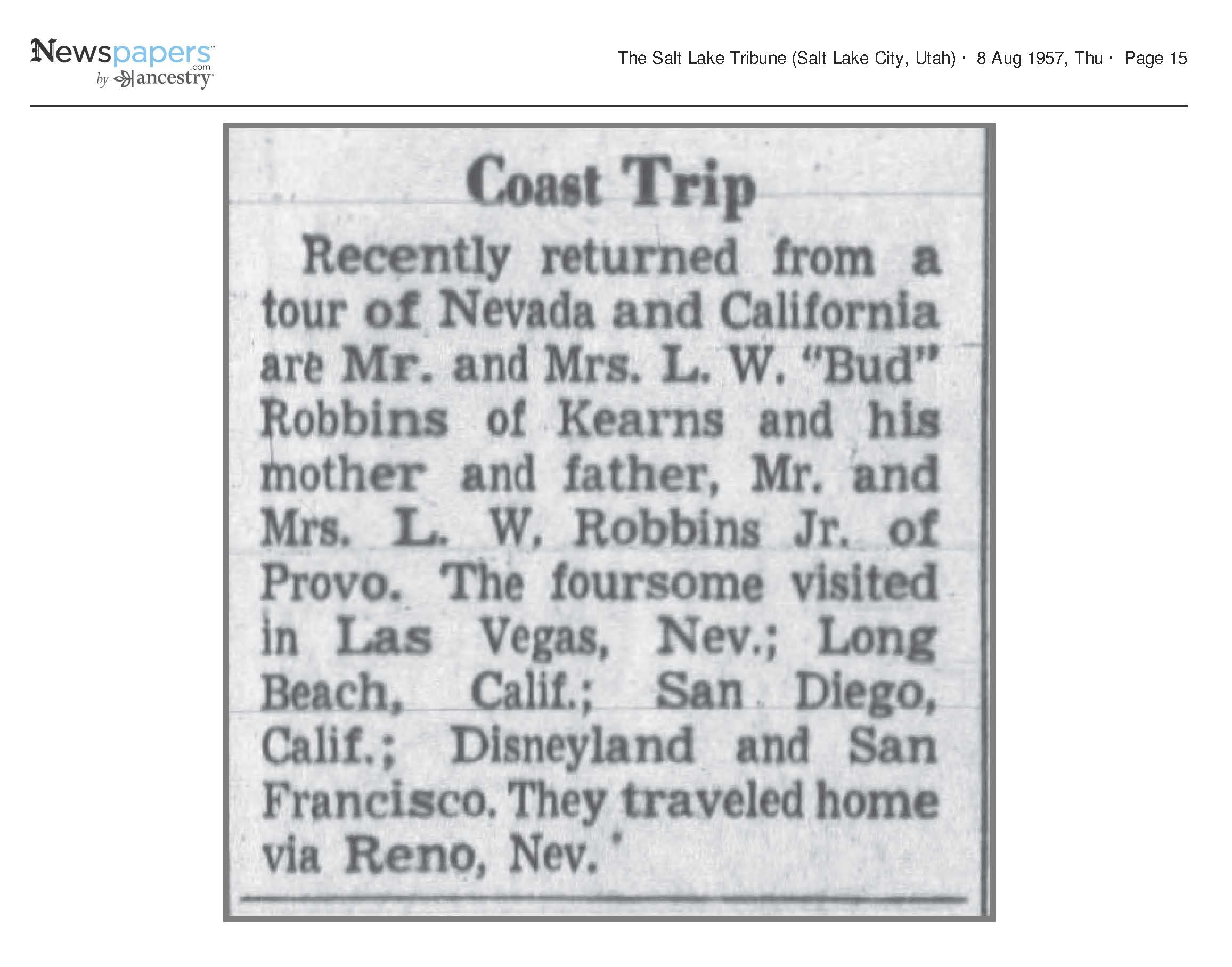 1957 Newspaper Clipping
