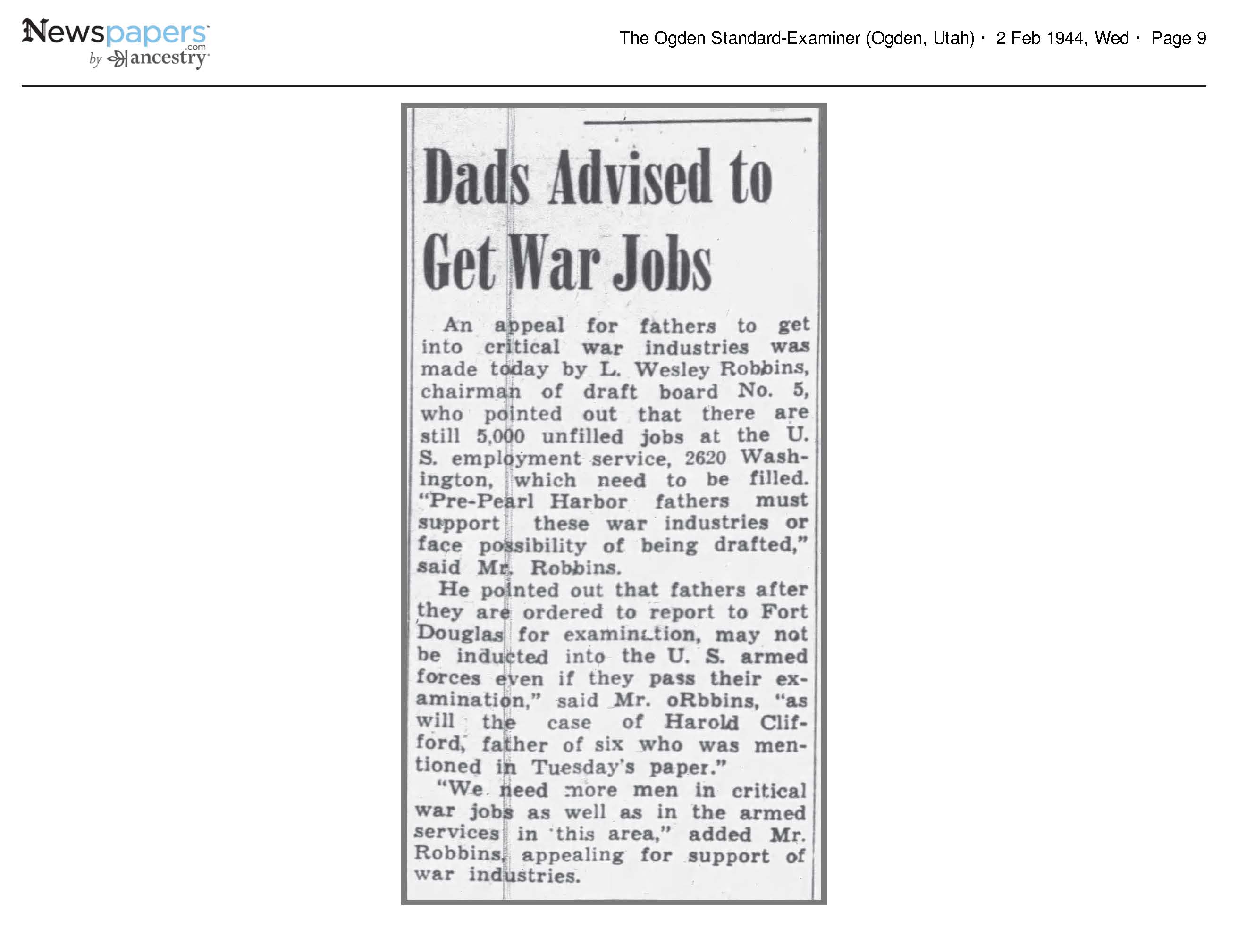 1944 Newspaper Clipping