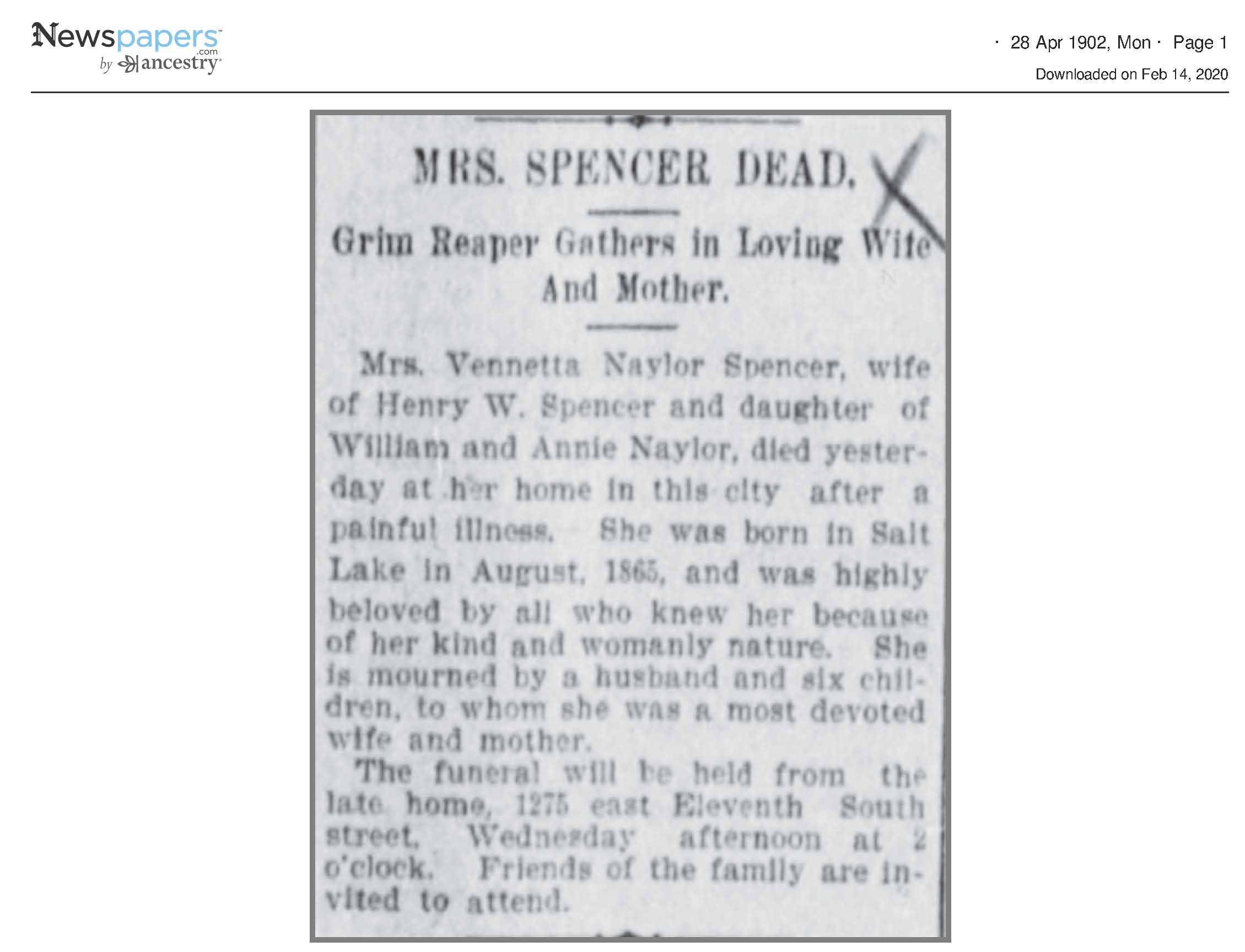 Mrs. Spencer Dead. Grim Reaper Gathers in Loving Wife and Mo
