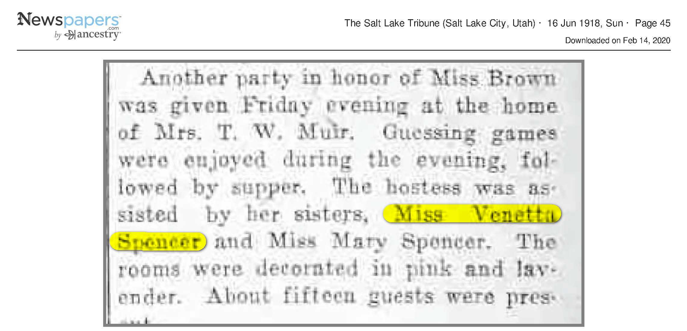 Party in honor of Miss Brown. Vennetta assisted