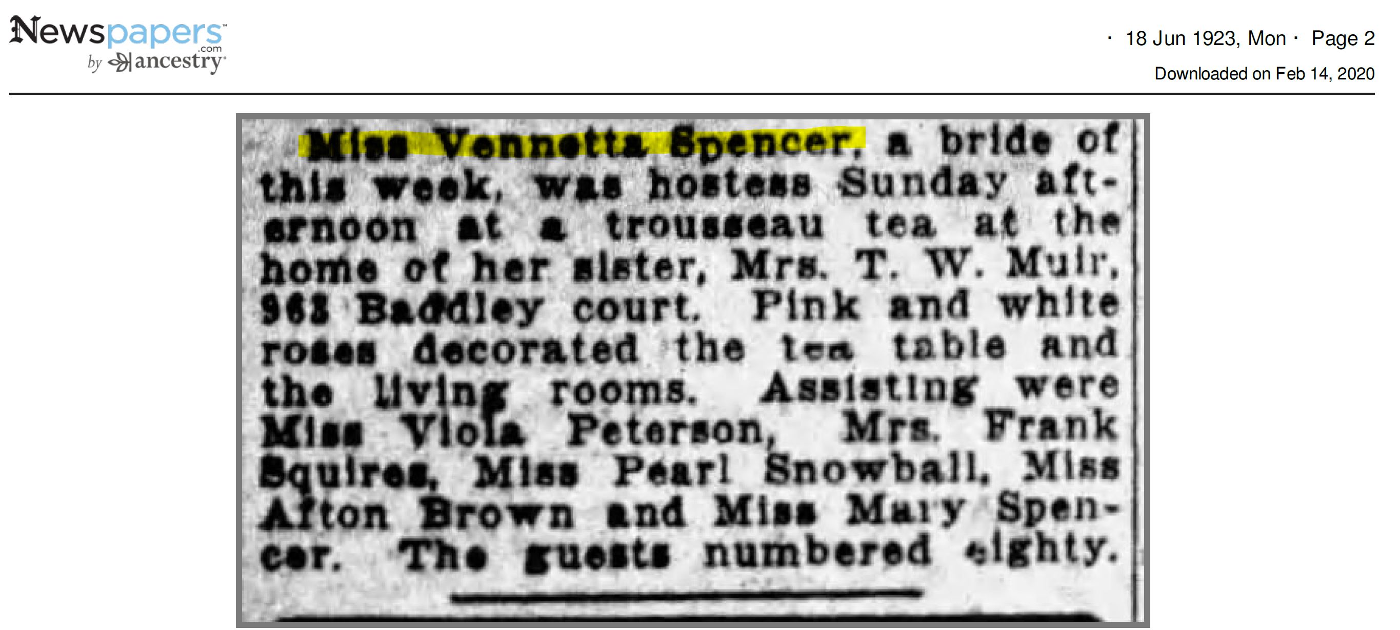 Miss Vennetta Spencer, bride, hostess at a trousseau tea. 80