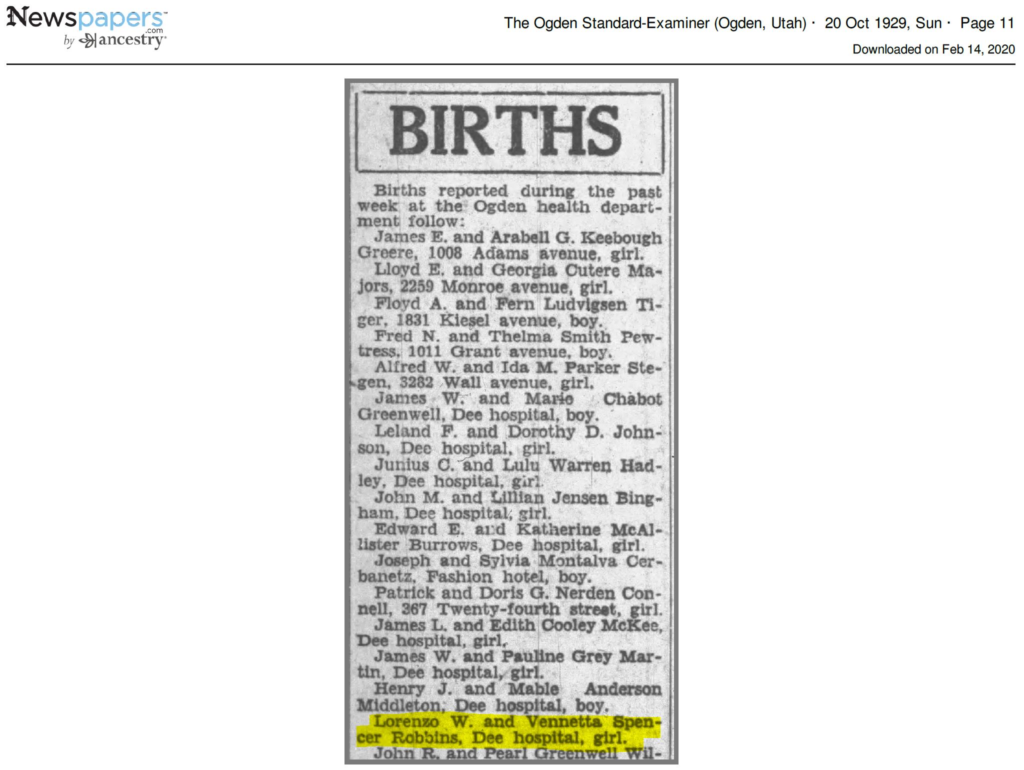 Births: Lorenzo W. and Vennetta Spencer Robbins, Dee Hospita