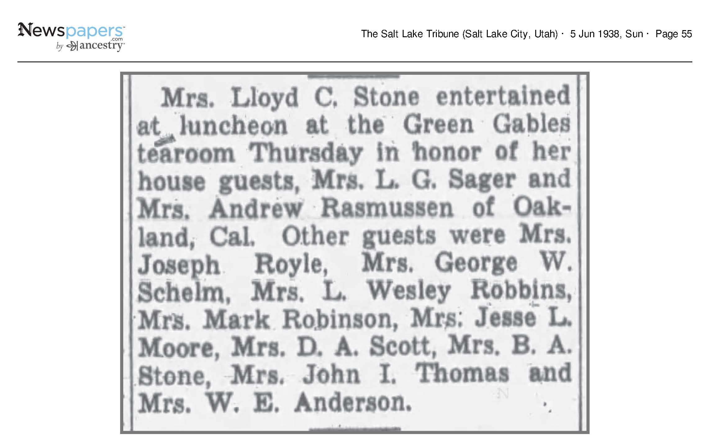 Mrs. Lloyd C Stone entertained, Mrs L Wesley Robbins guest