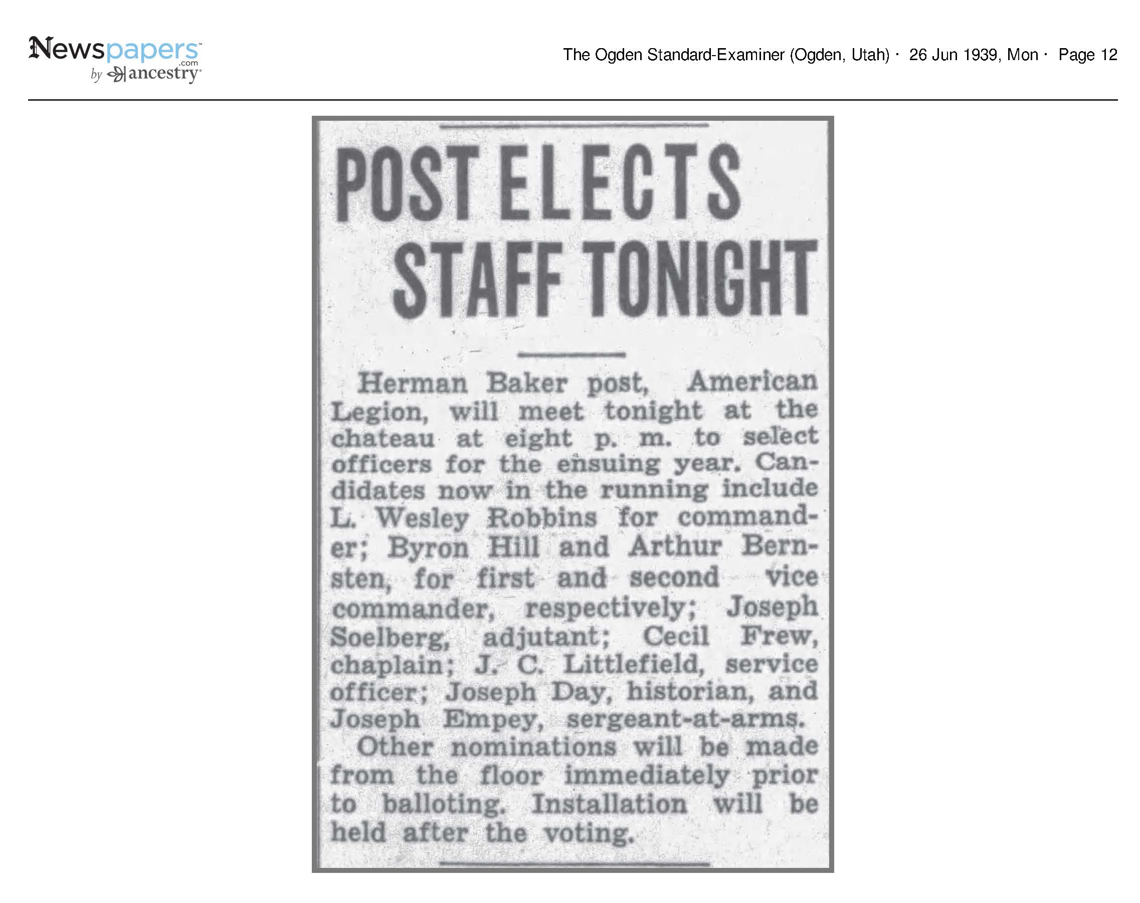 Post Elects Staff Tonight: L. Wesley Robbins for commander;