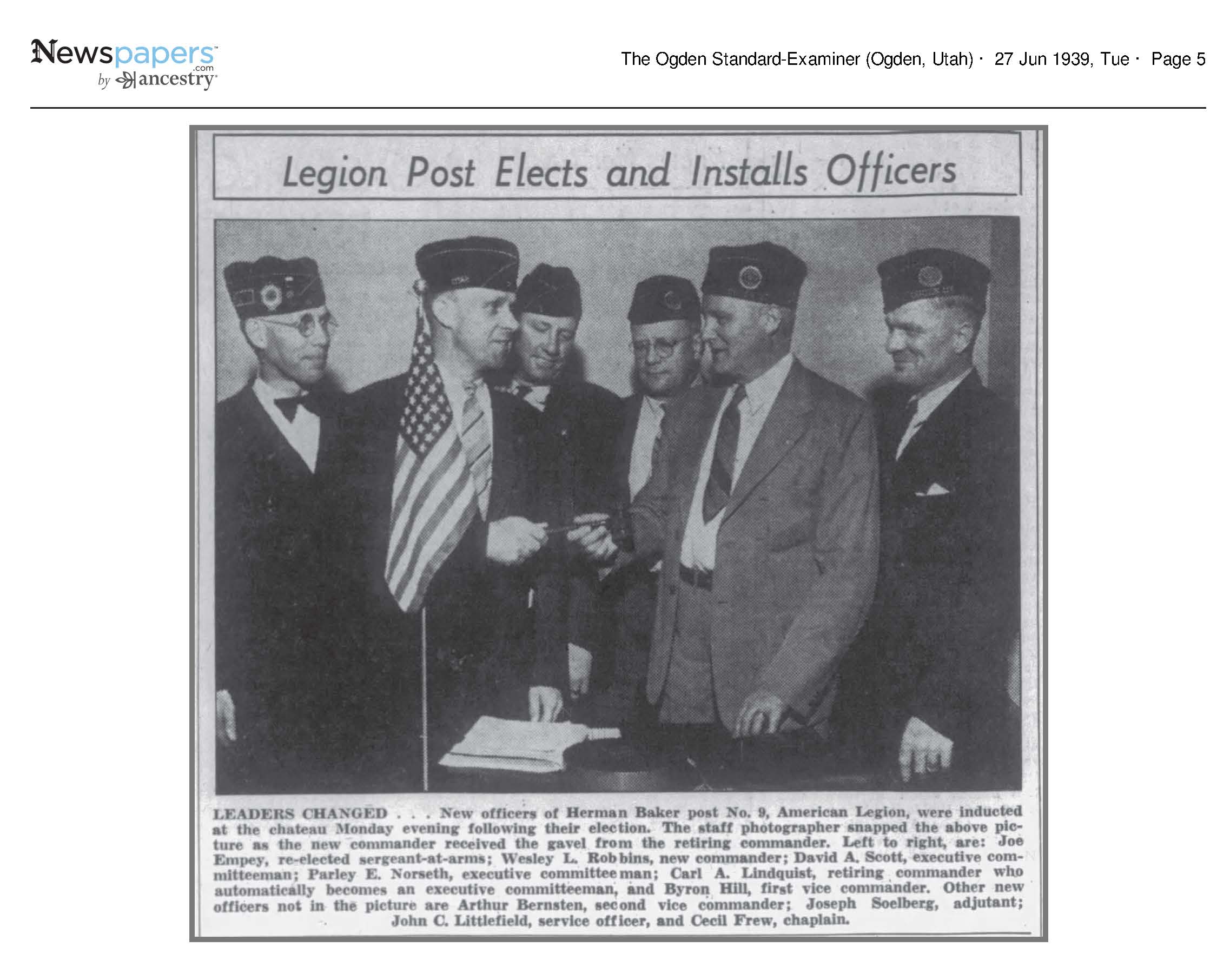 Photo Caption: Legion Post Elects and Installs Officers