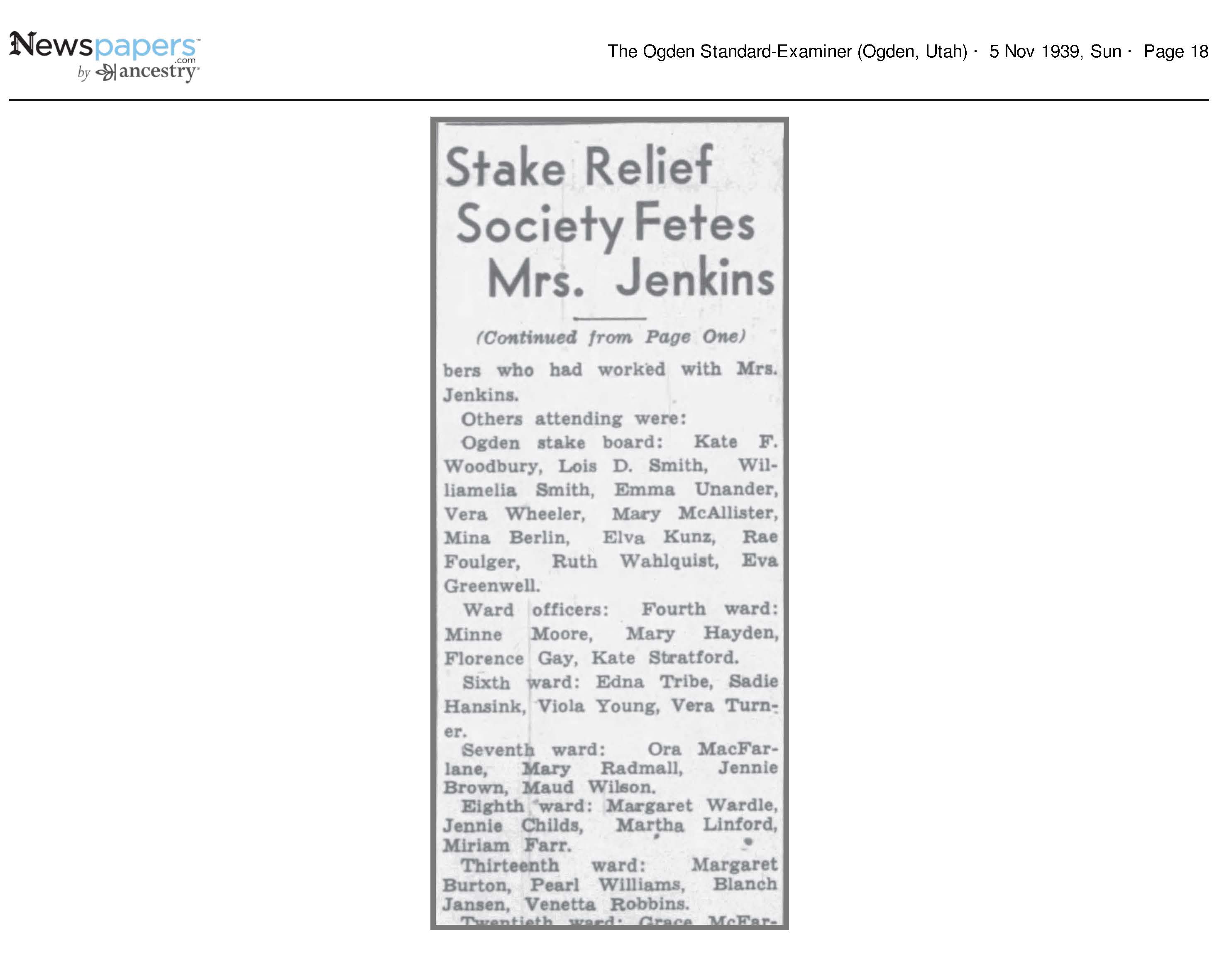 Stake Relief Society Fetes Mrs. Jenkins