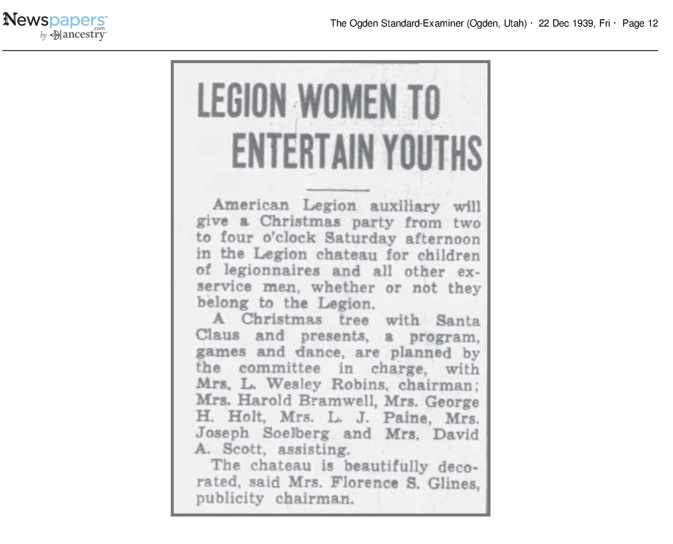 Legion Women to Entertain Youths, Mrs L Wesley Robbins, Chai