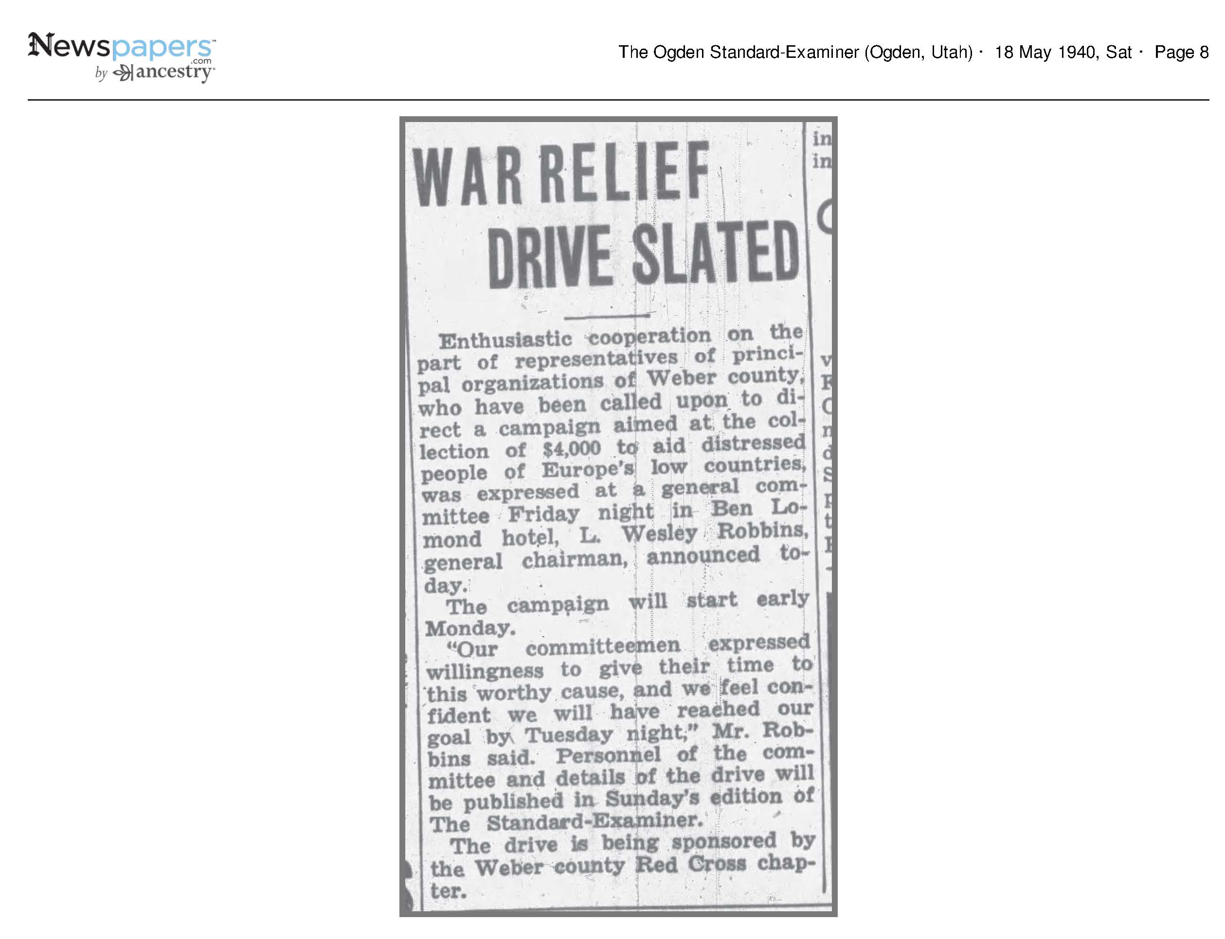 War Relief Drive Slated