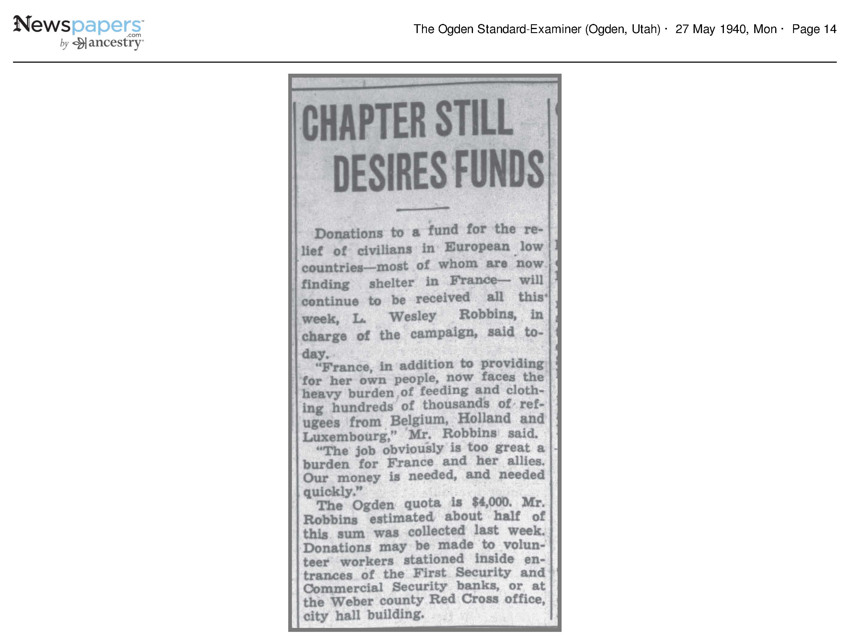 Chapter Still Desires Funds; L Wesley Robbins in charge of c