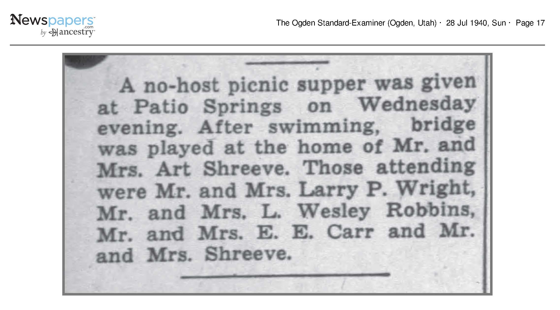 No-host picnic supper at Patio Springs: Mr and Mrs L Wesley 