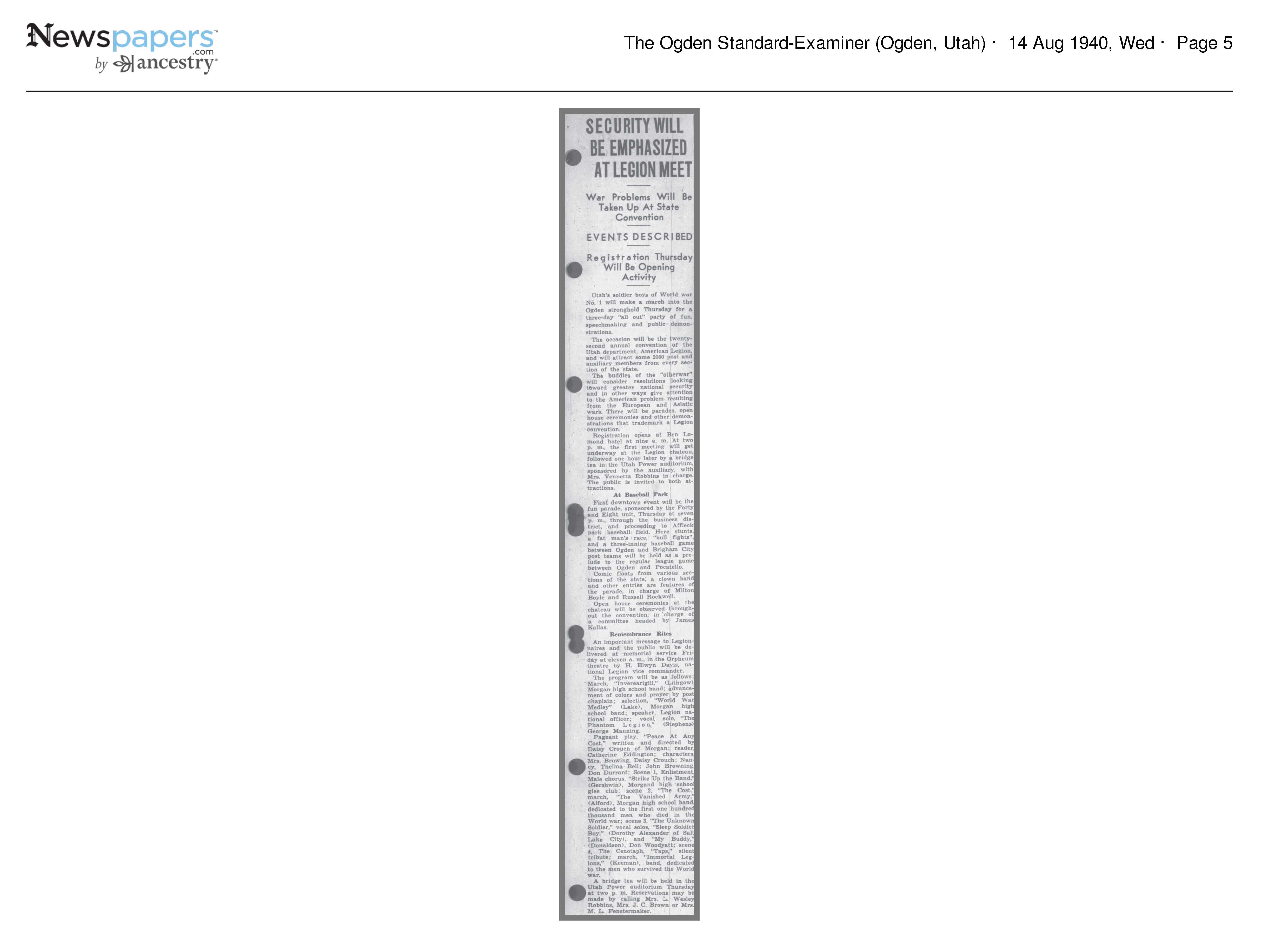 Security Will Be Emphasized at Legion Meet; Bridge Tea to be