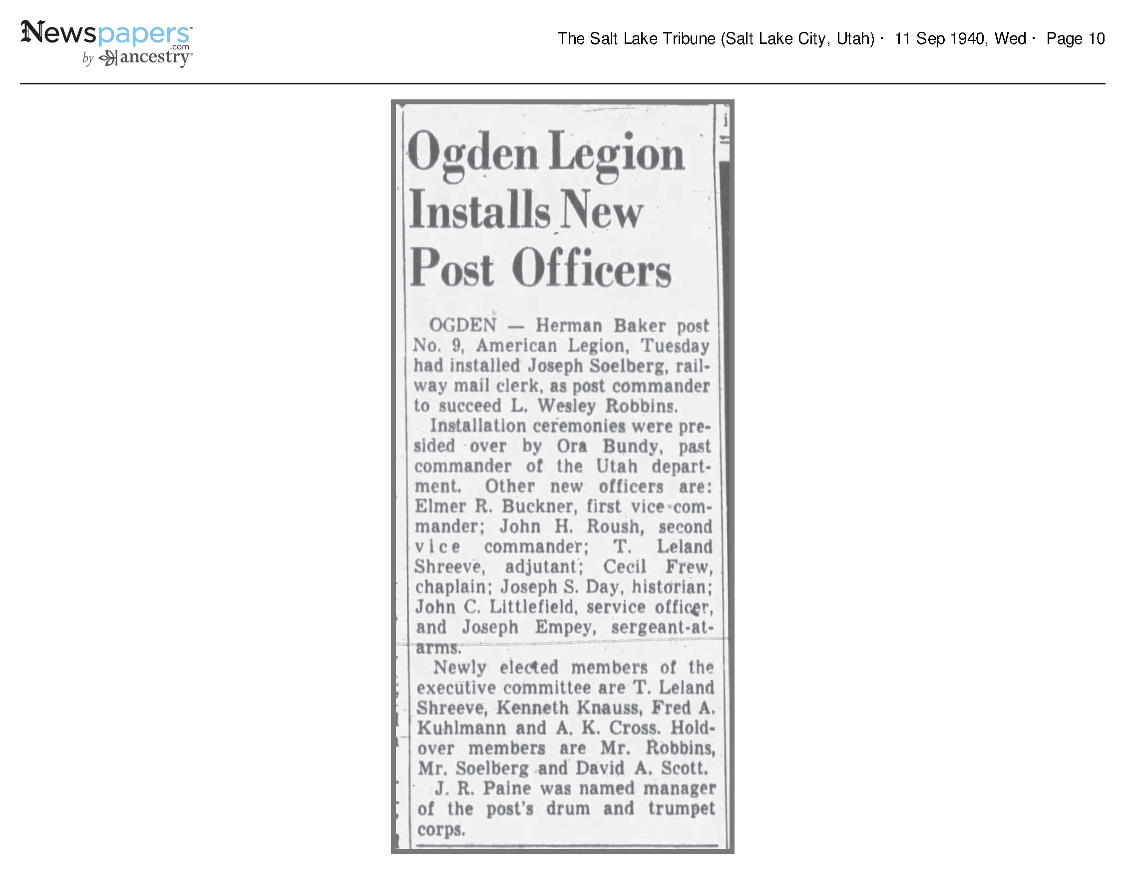 Ogden Legion Installs New Post Officers