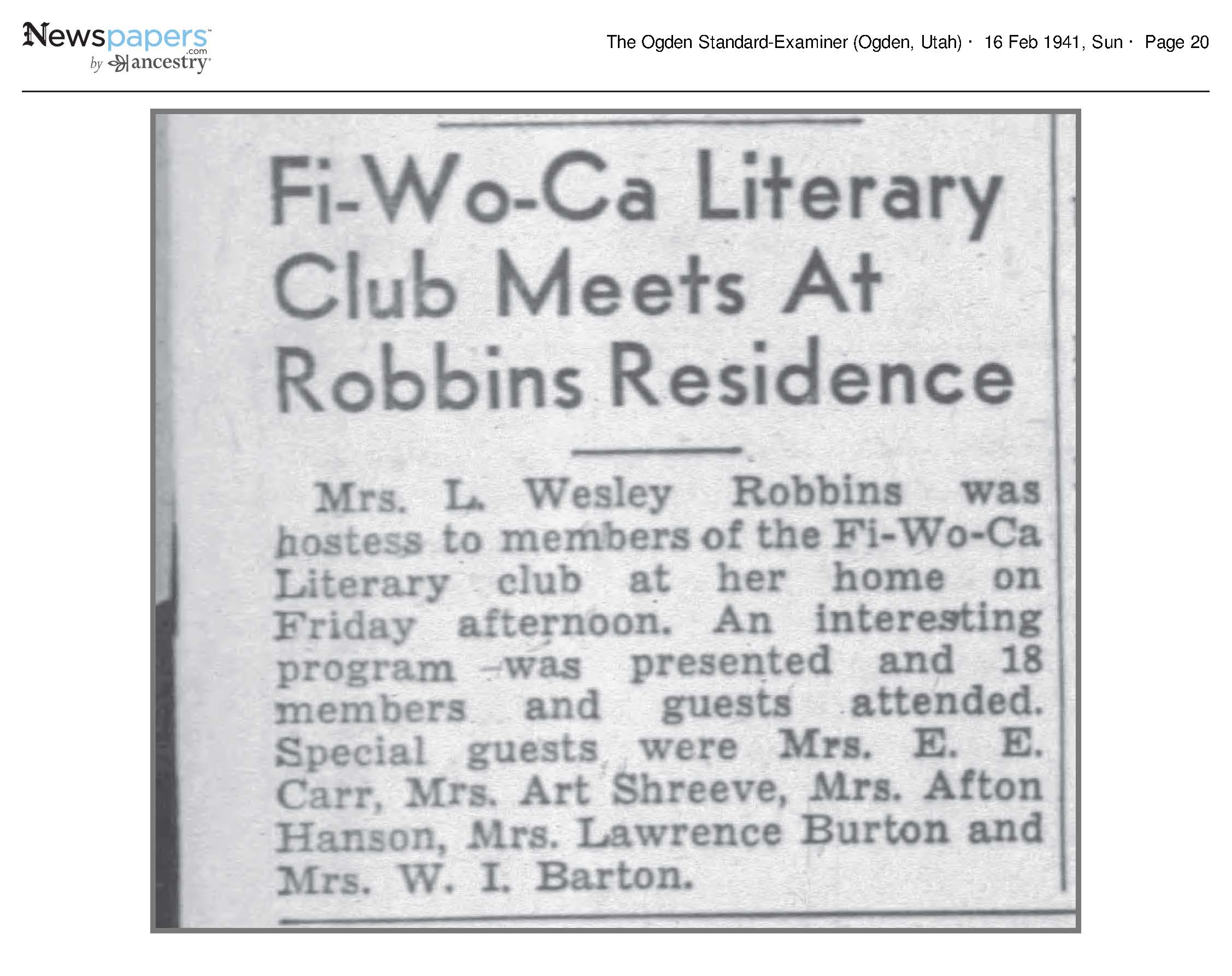 Fi-Wo-Ca Literary Club Meets At Robbins Residence