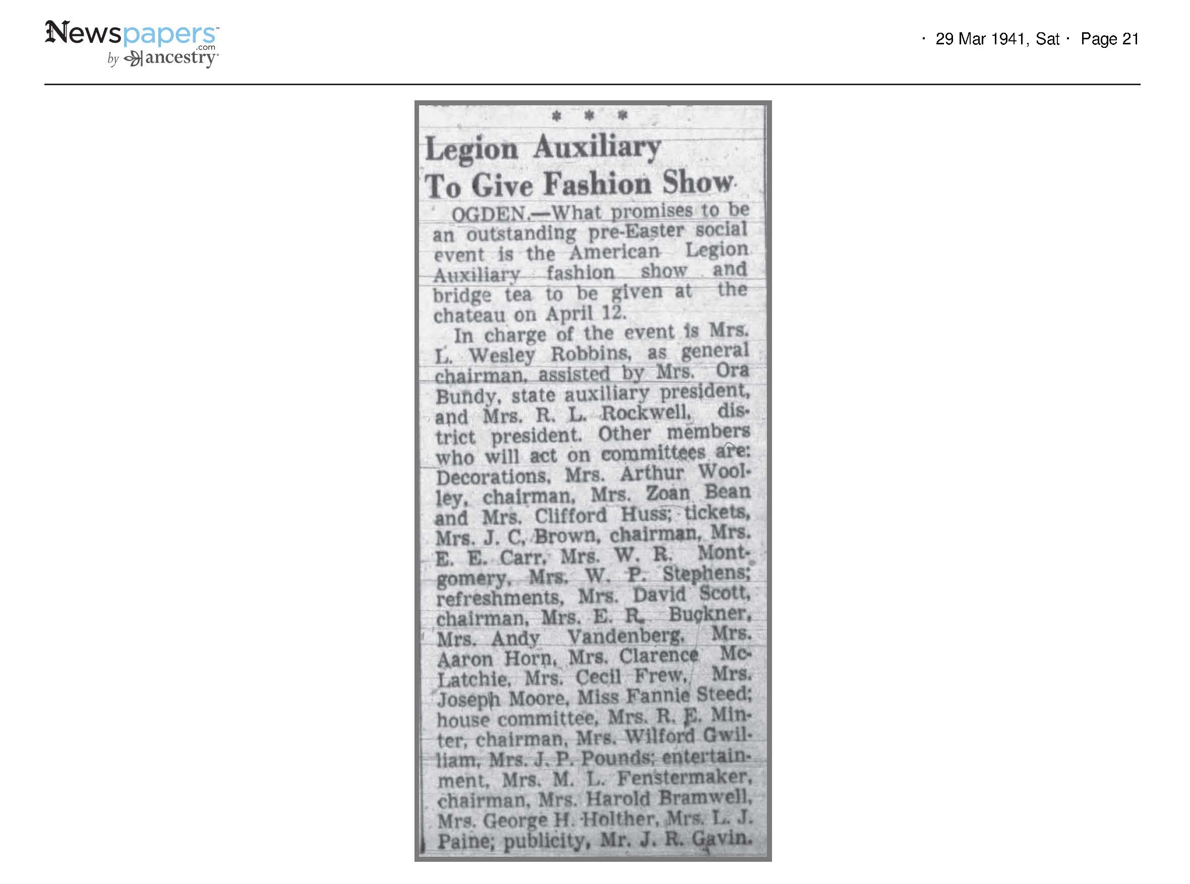 Legion Auxiliary to Give Fashion Show