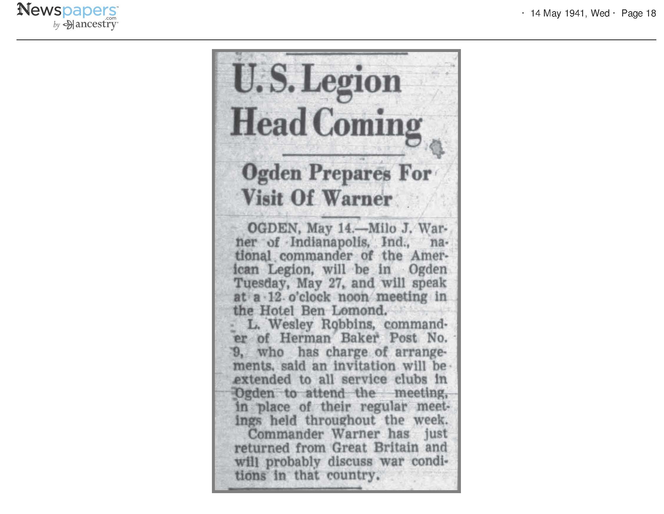 U.S. Legion Head Coming; Ogden Prepares for Visit of Warner
