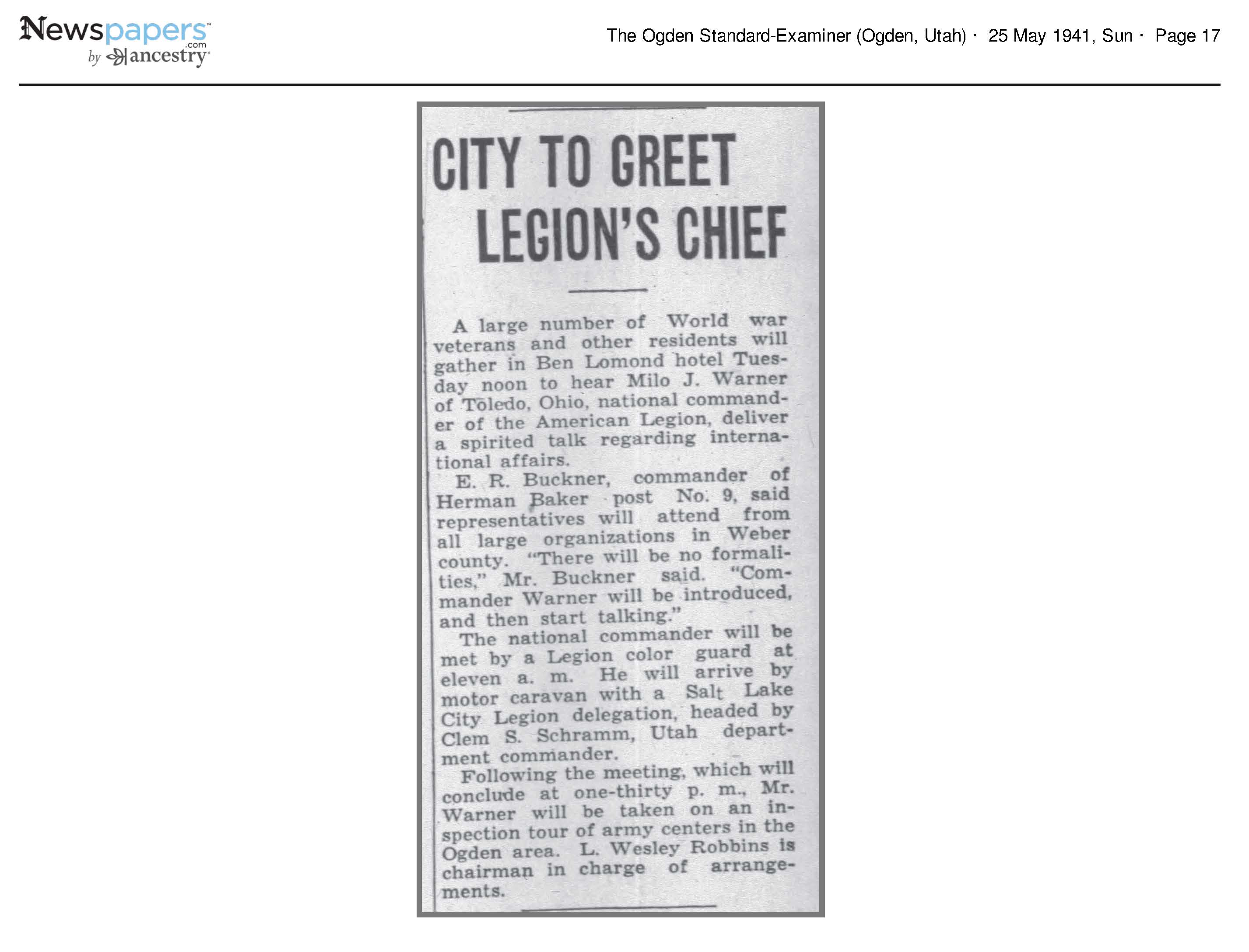 City to Greet Legion's Chief