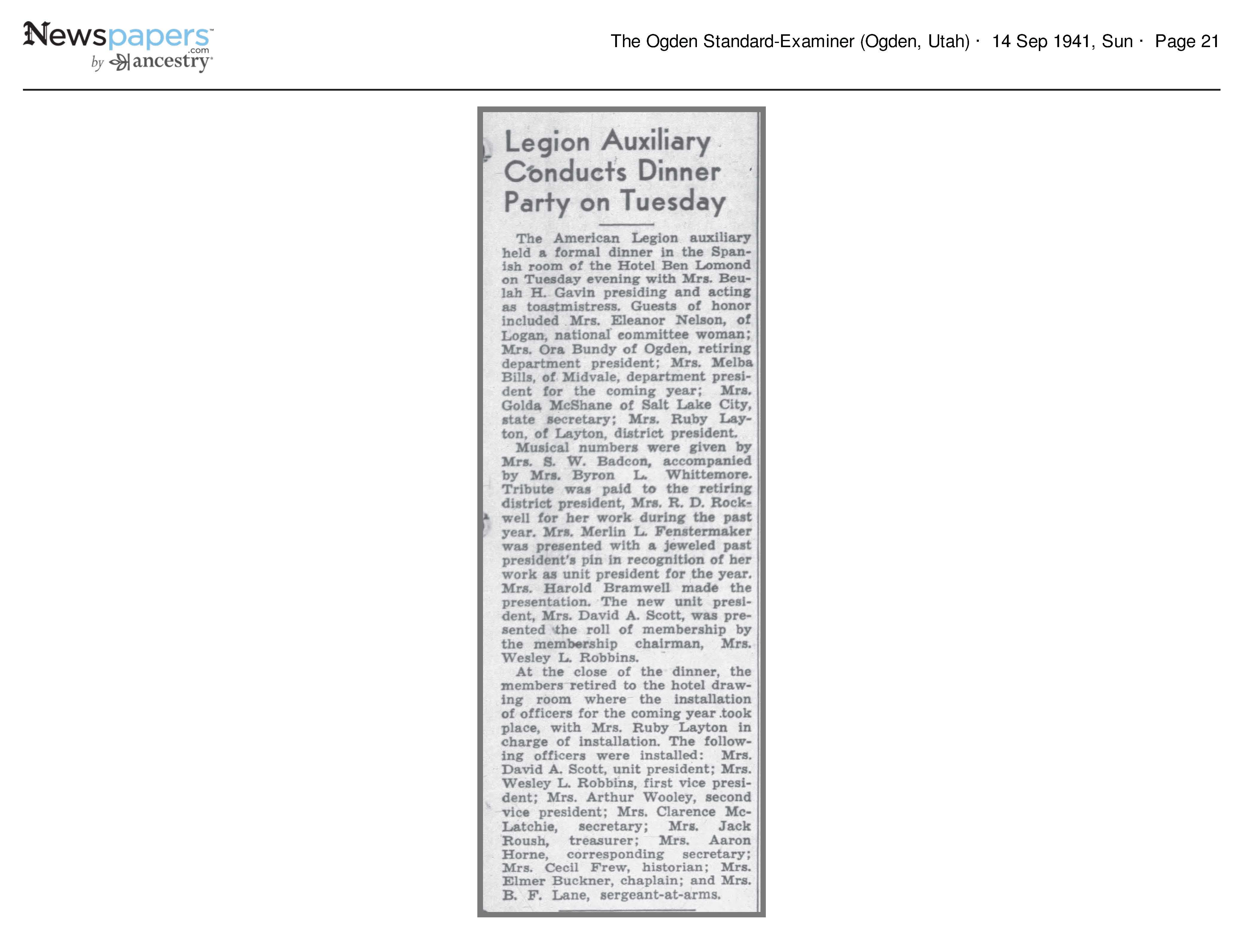 Legion Auxiliary Conducts Dinner Party on Tuesday 