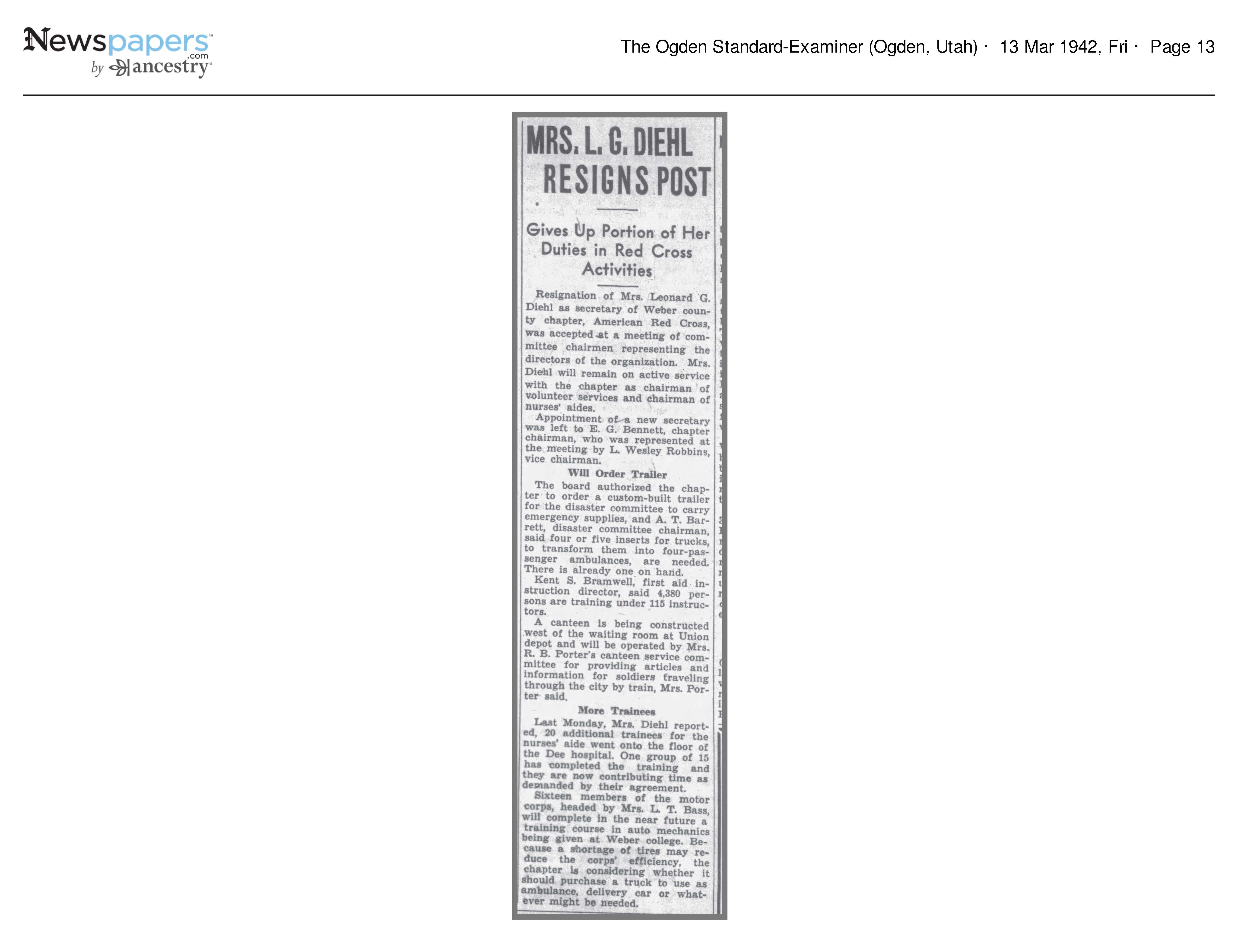 Mrs. L. G. Diehl Resigns Post