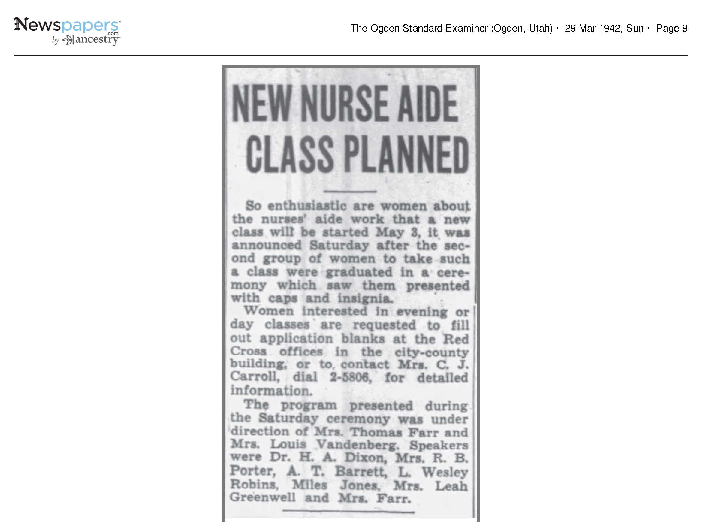 New Nurse Aide Class Planned