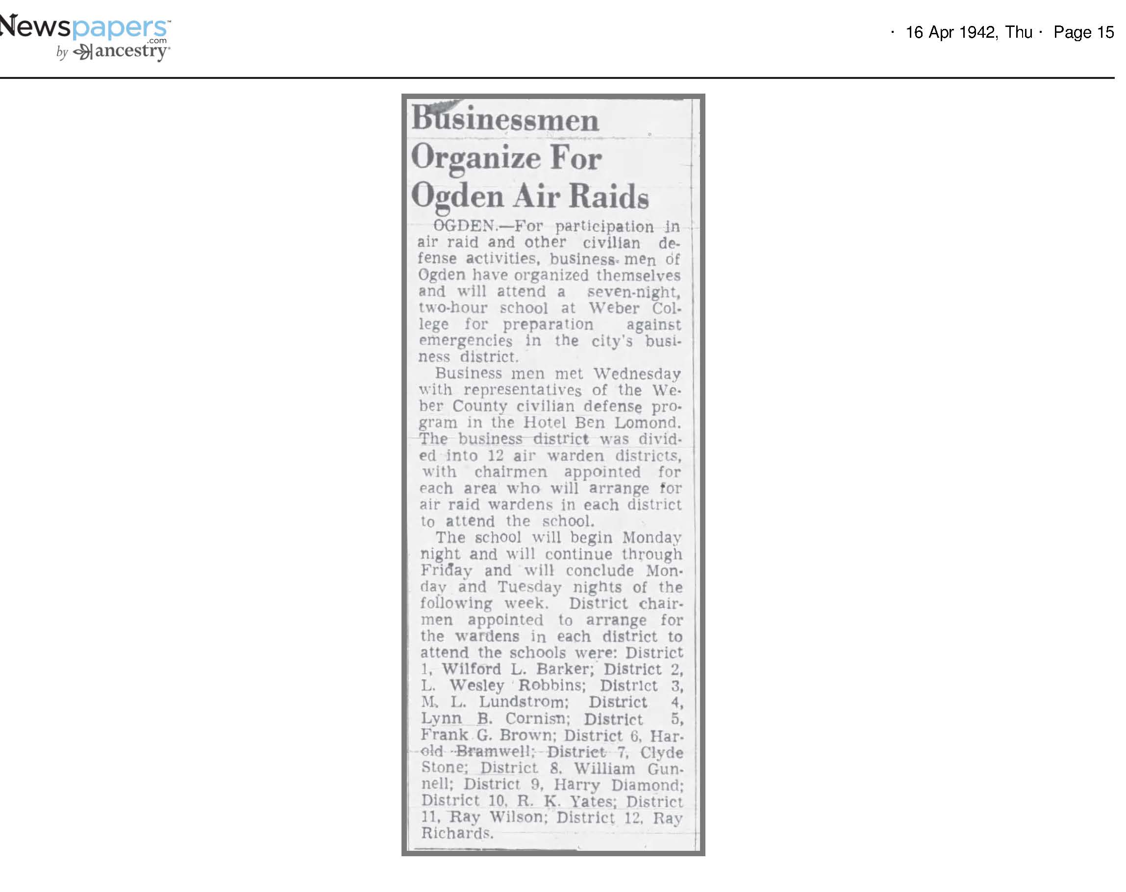 Businessmen Organize for Ogden Air Raids