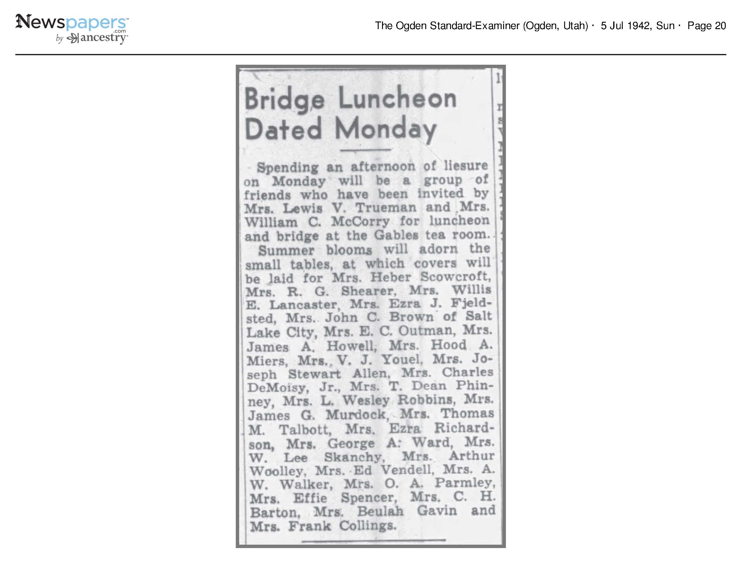 Bridge Luncheon Dated Monday
