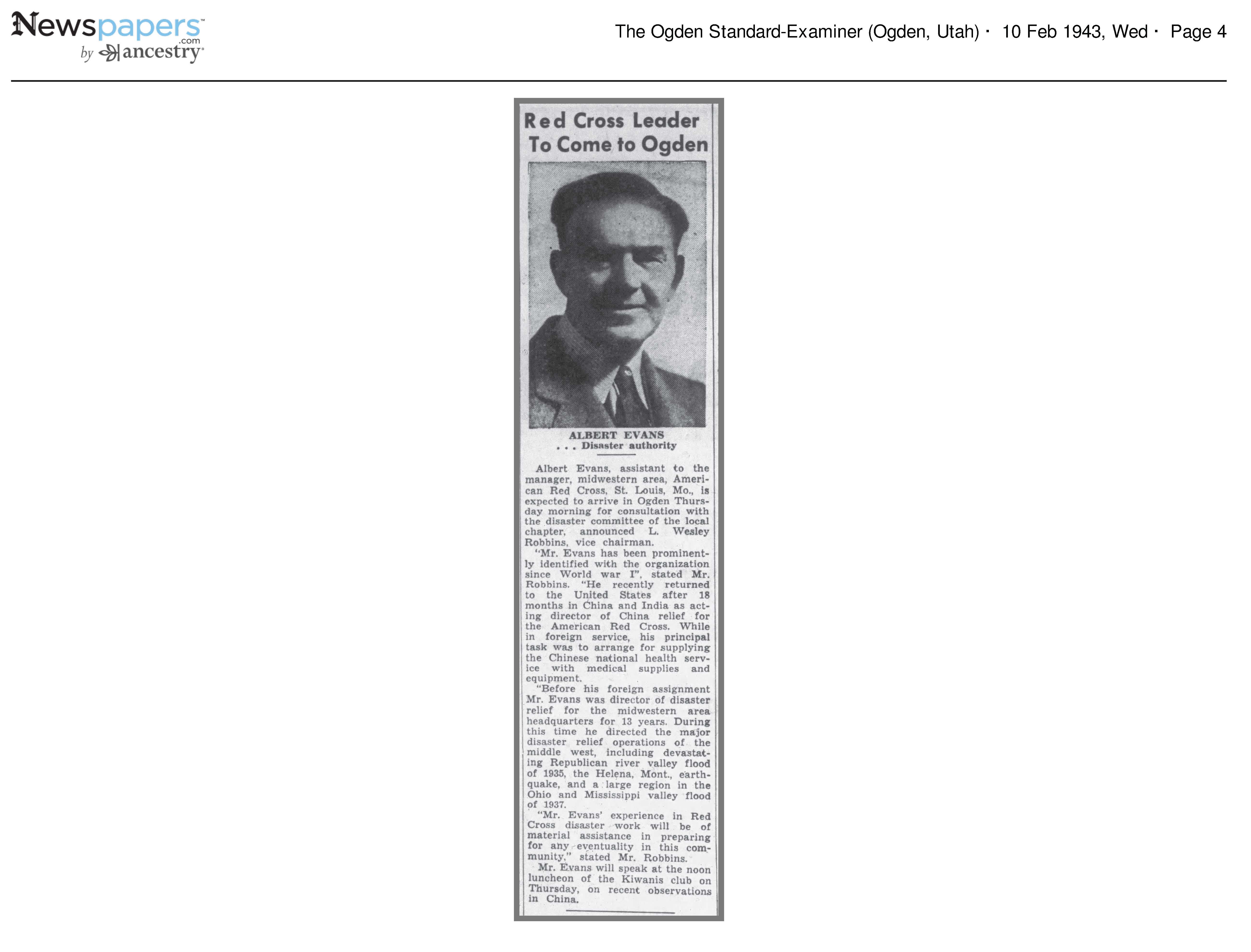 Red Cross Leader to Come to Ogden