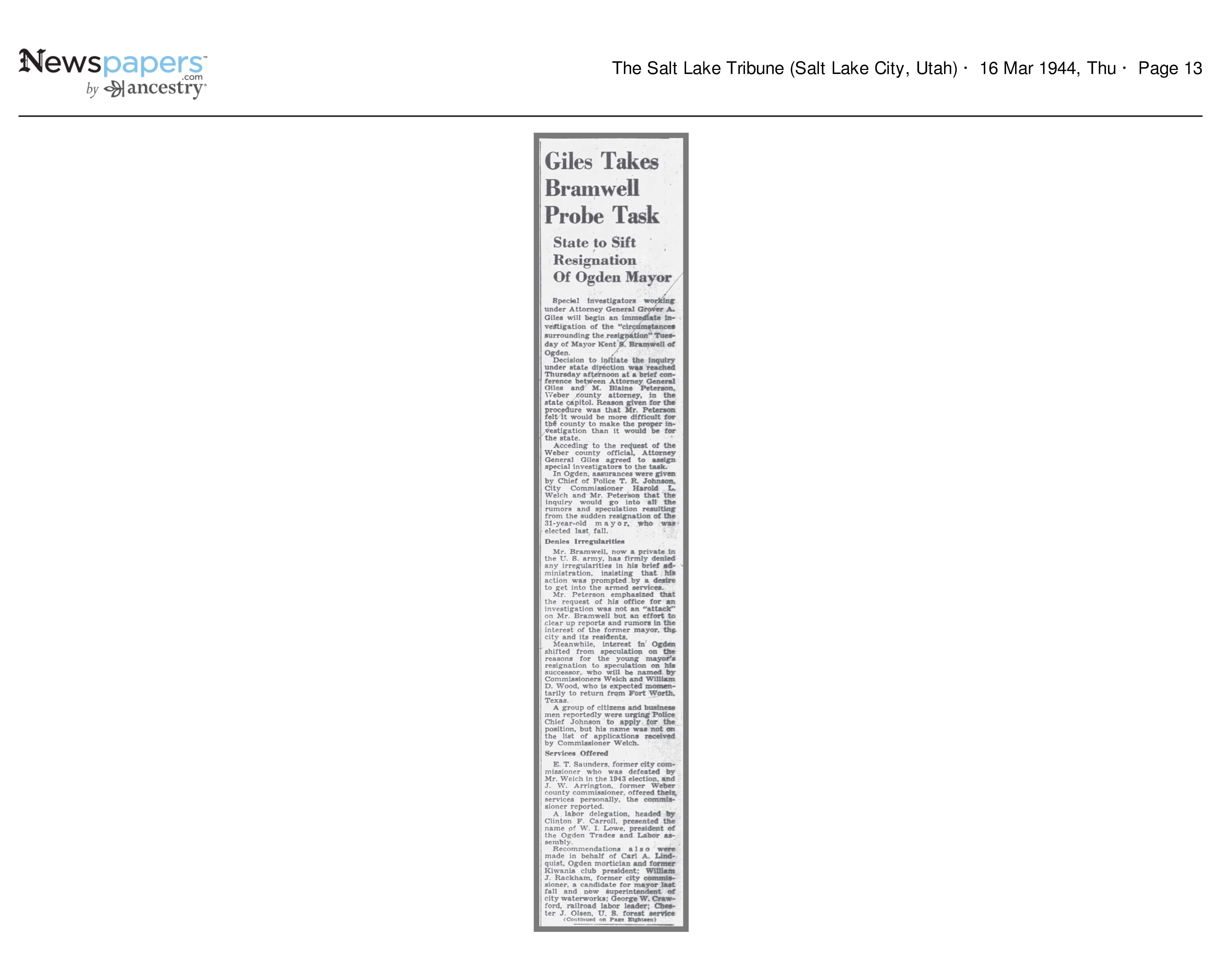 Giles Takes Bramwell Probe Task; State to Sift Resignation o