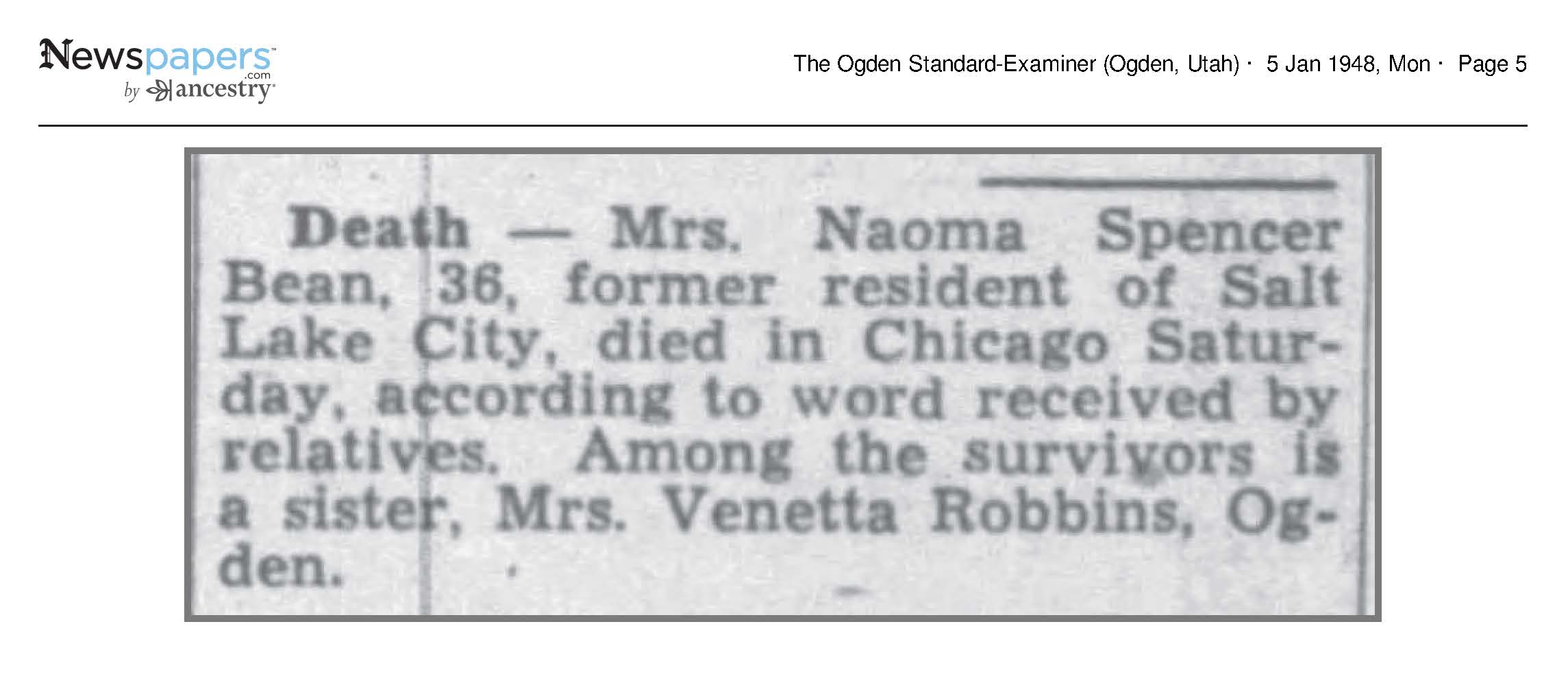 Death: Mrs. Naoma Spencer Bean