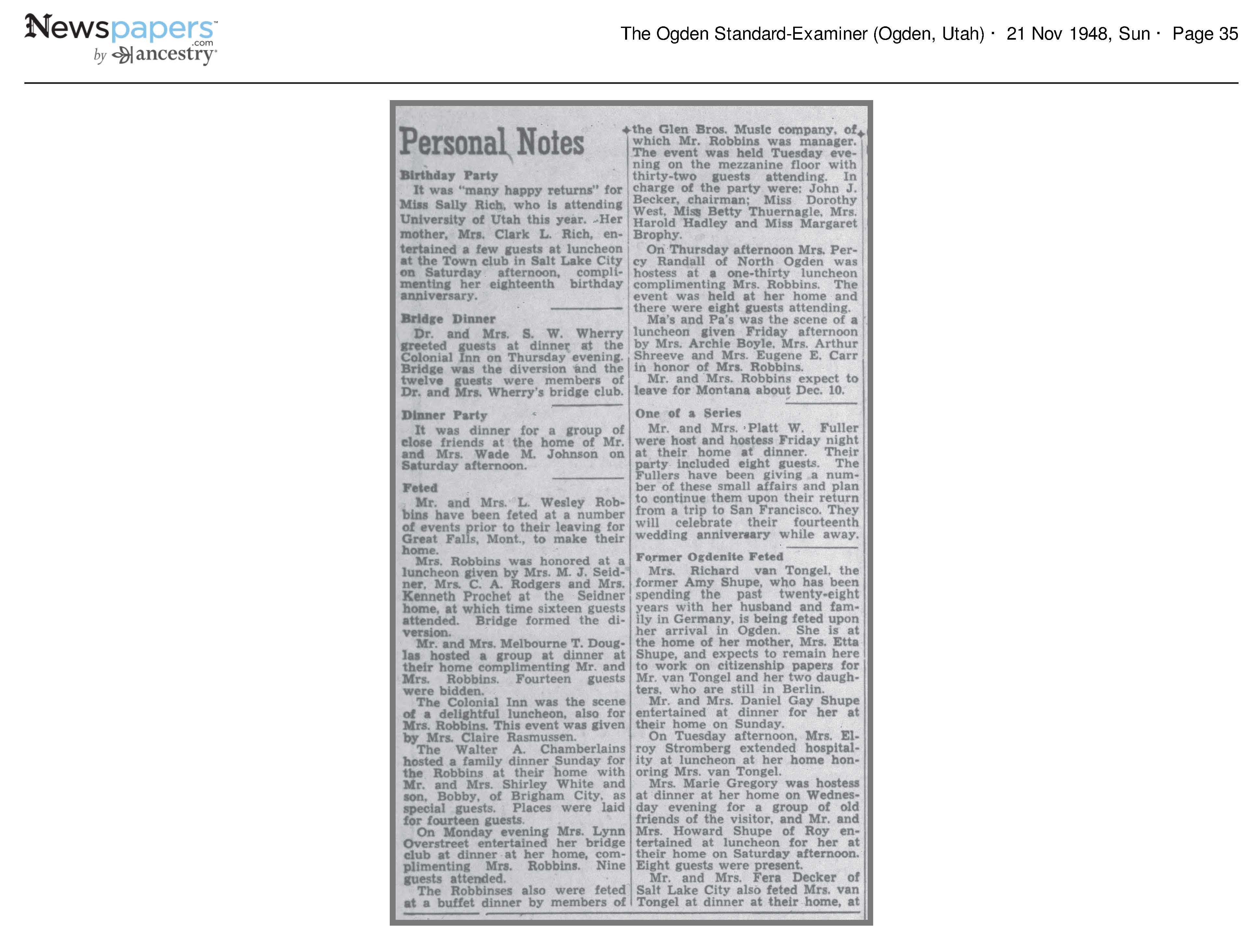 Mr and Mrs L Wesley Robbins Feted at a number of events