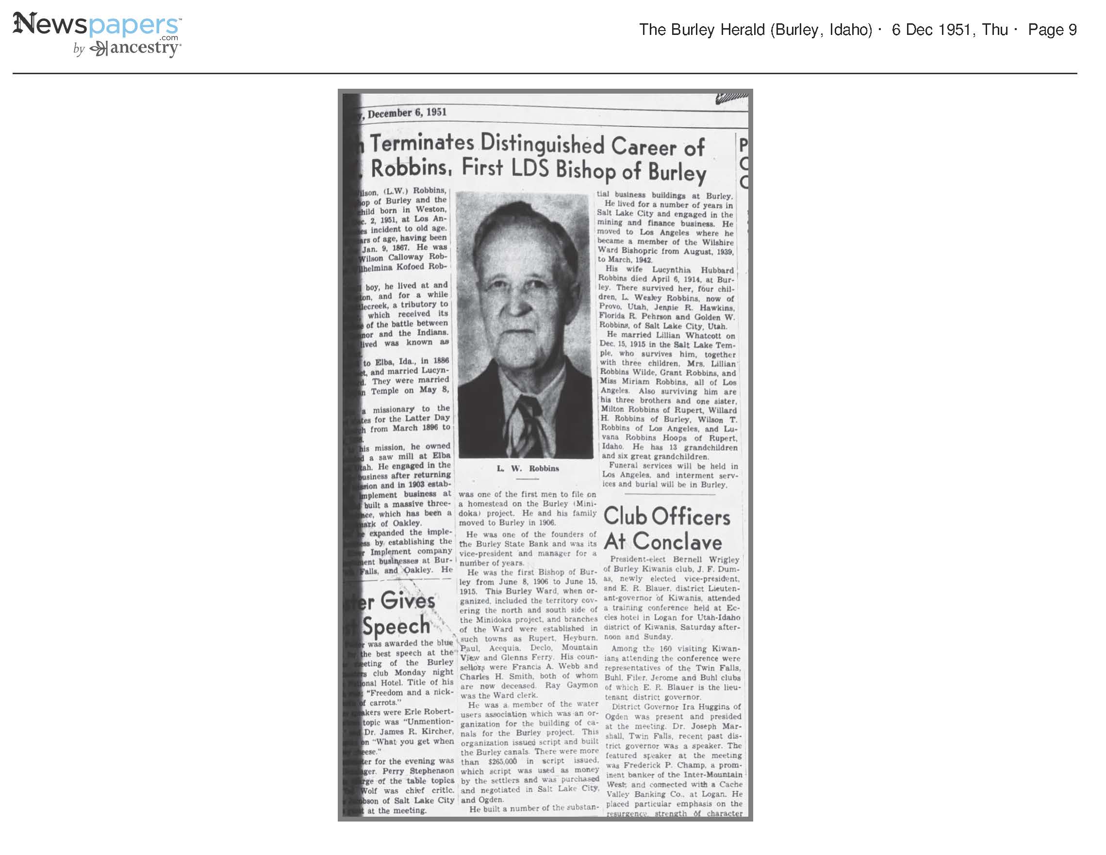 Death Terminates Distinguished Career of L. W. Robbins, Firs