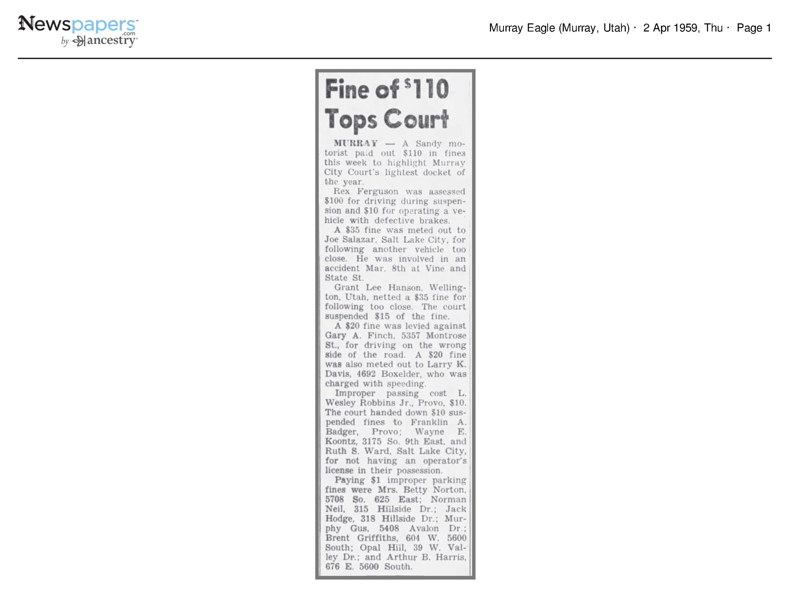 Fine of $110 Tops Court; Improper Passing $10