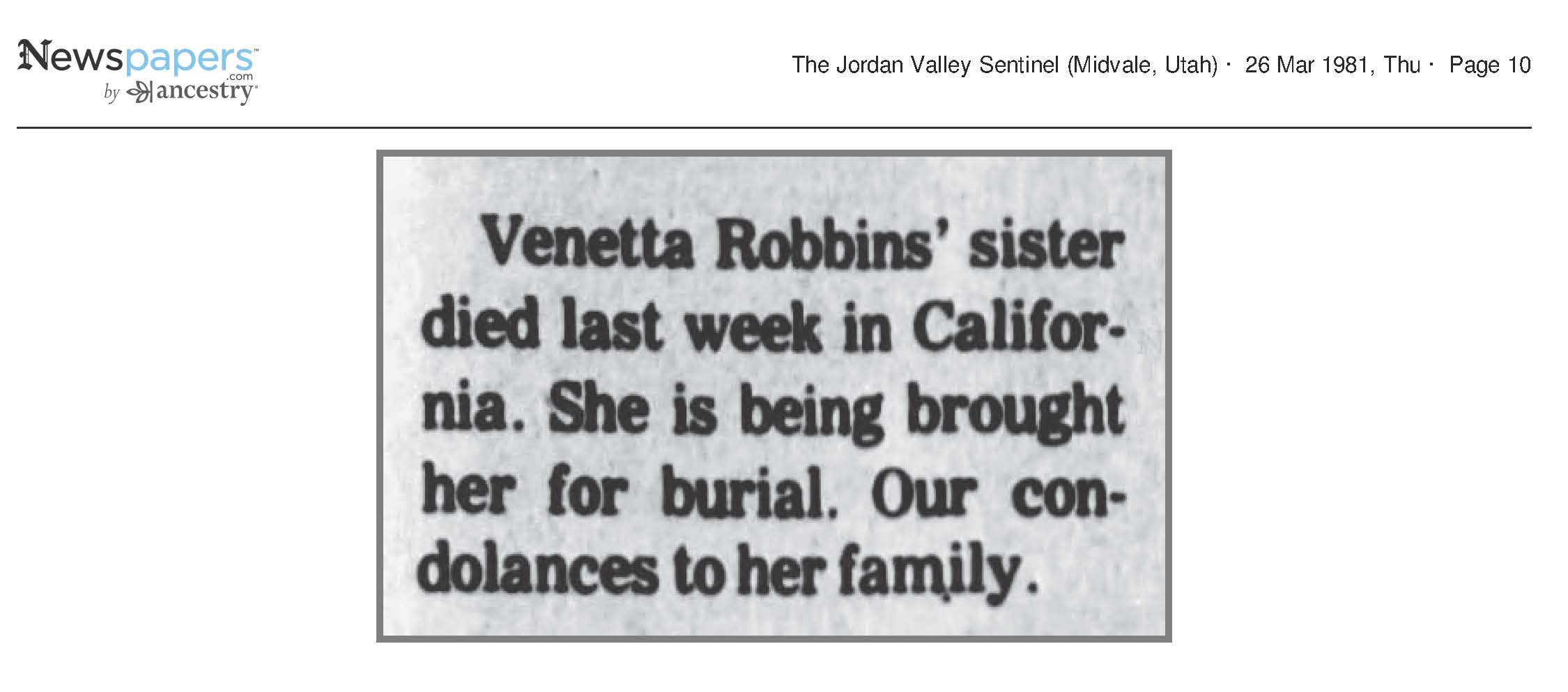 Vennetta Robins' Sister died last week
