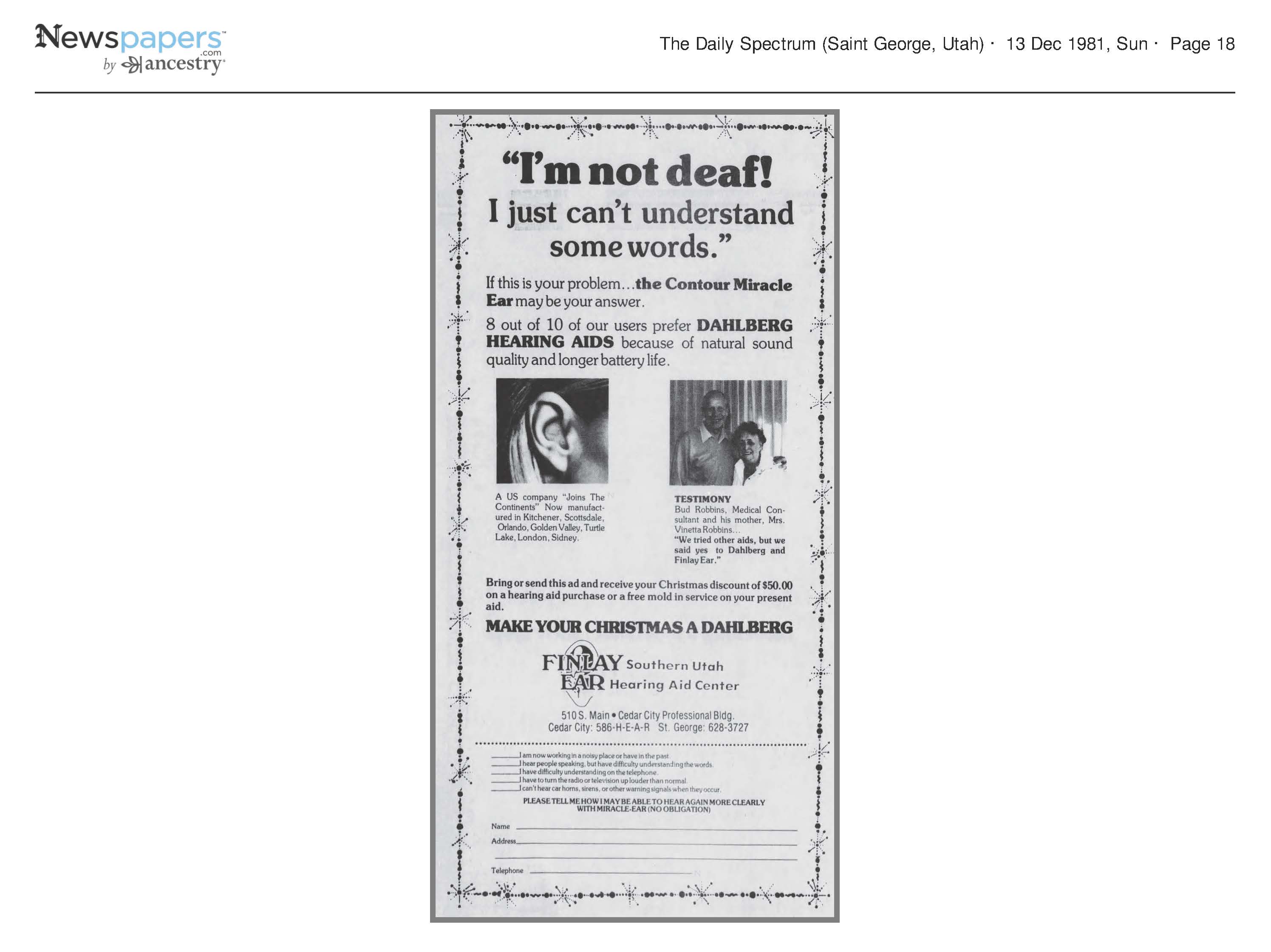 Hearing Problems Ad Featuring Bud Robbins and Vennetta Robbi